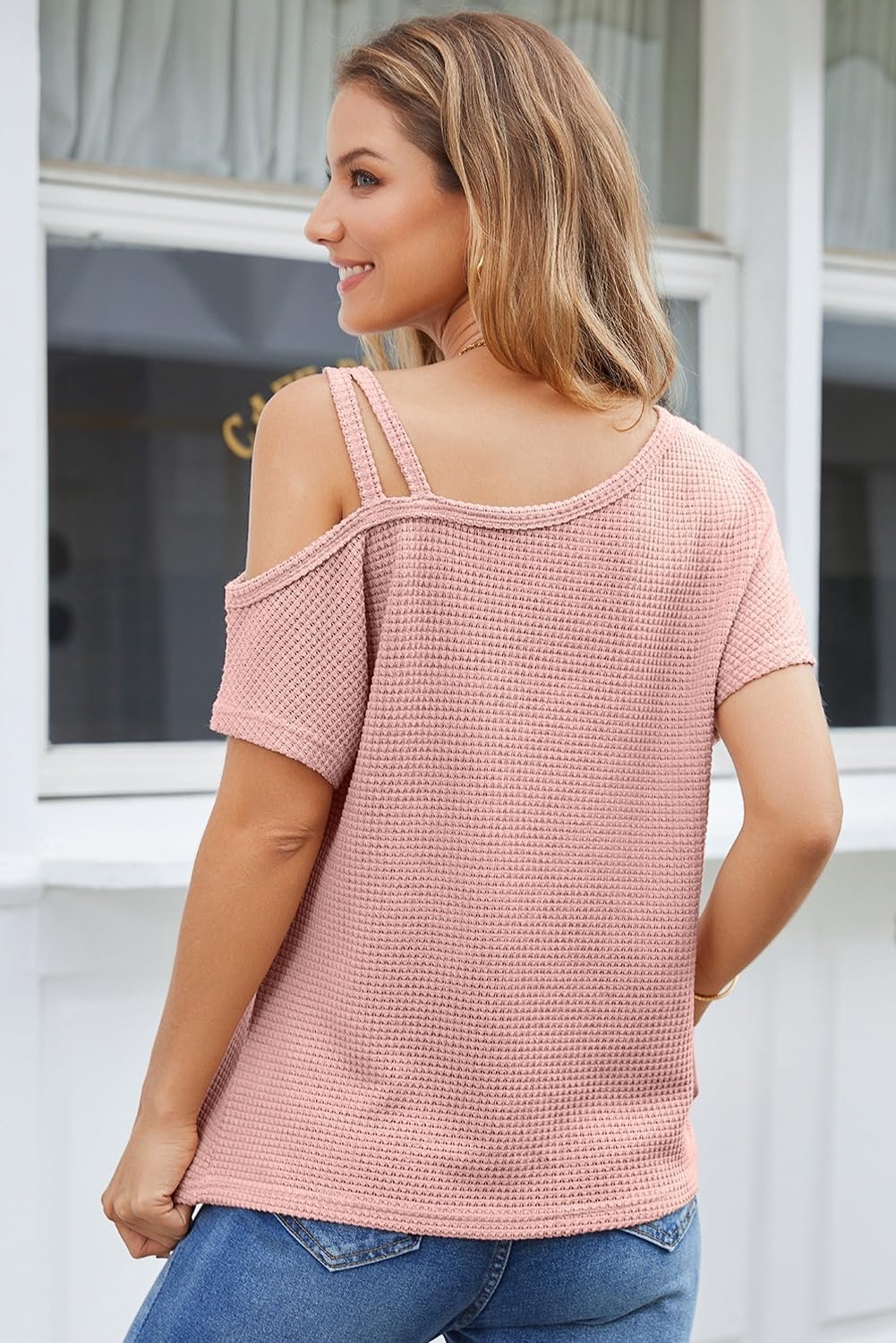 image:imageDokotoo Womens Summer Tops Off One Shoulder Waffle Knit Short Sleeve TShirts Casual Lightweight Solid Color BlousesPink