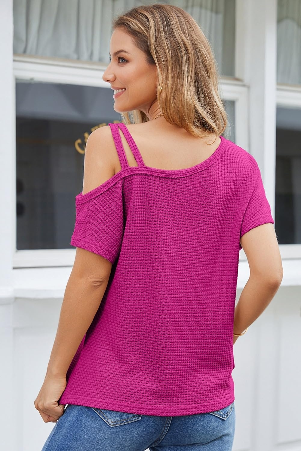 image:imageDokotoo Womens Summer Tops Off One Shoulder Waffle Knit Short Sleeve TShirts Casual Lightweight Solid Color BlousesRosy