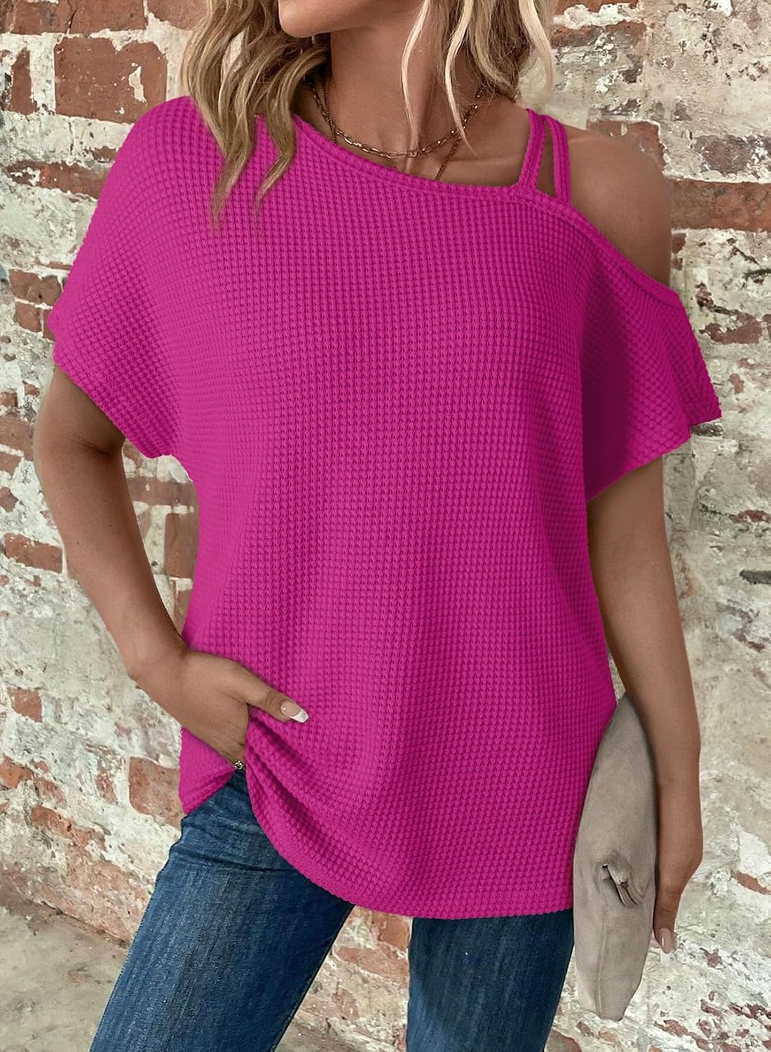 image:imageDokotoo Womens Summer Tops Off One Shoulder Waffle Knit Short Sleeve TShirts Casual Lightweight Solid Color BlousesRosy
