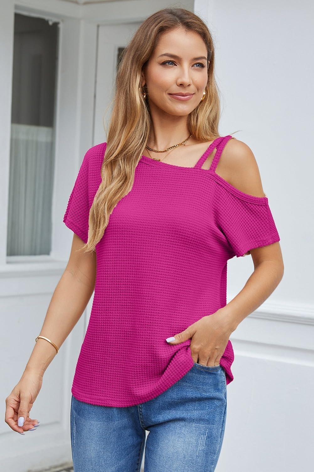 image:imageDokotoo Womens Summer Tops Off One Shoulder Waffle Knit Short Sleeve TShirts Casual Lightweight Solid Color BlousesRosy