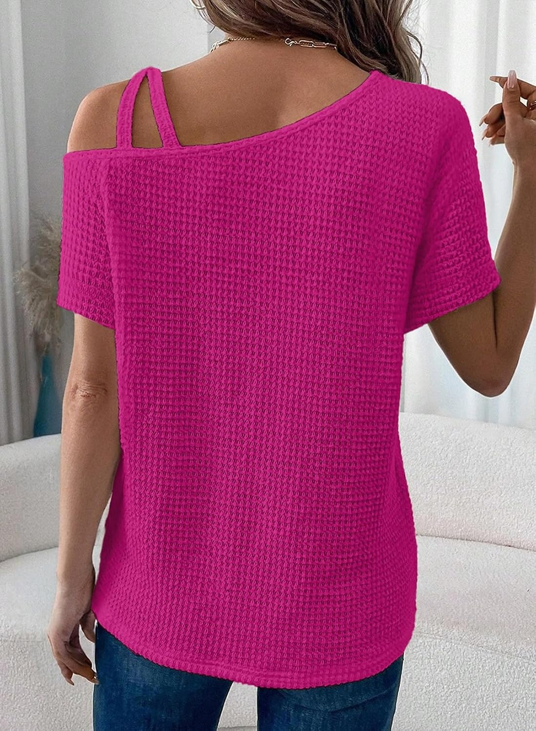 image:imageDokotoo Womens Summer Tops Off One Shoulder Waffle Knit Short Sleeve TShirts Casual Lightweight Solid Color BlousesRosy