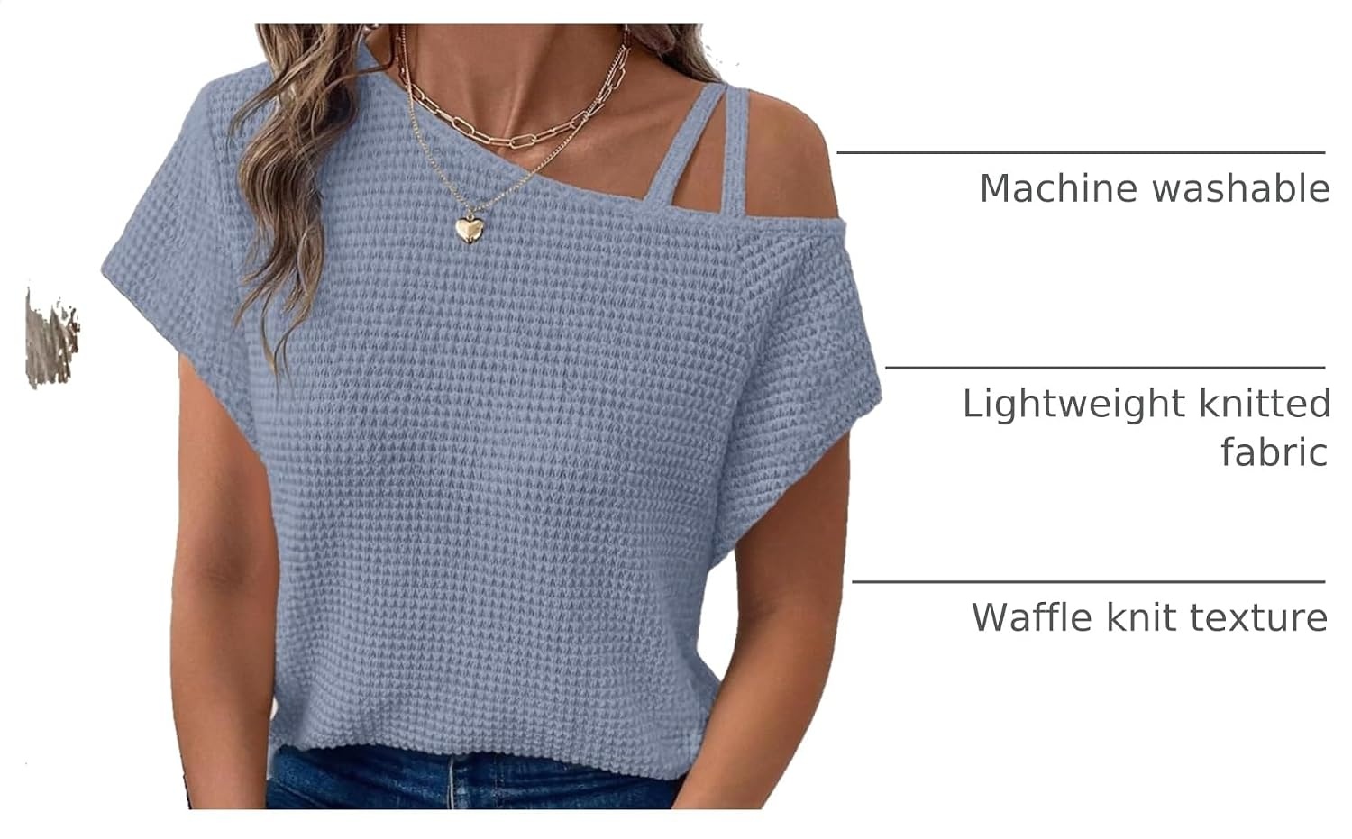 image:imageDokotoo Womens Summer Tops Off One Shoulder Waffle Knit Short Sleeve TShirts Casual Lightweight Solid Color BlousesSky Blue
