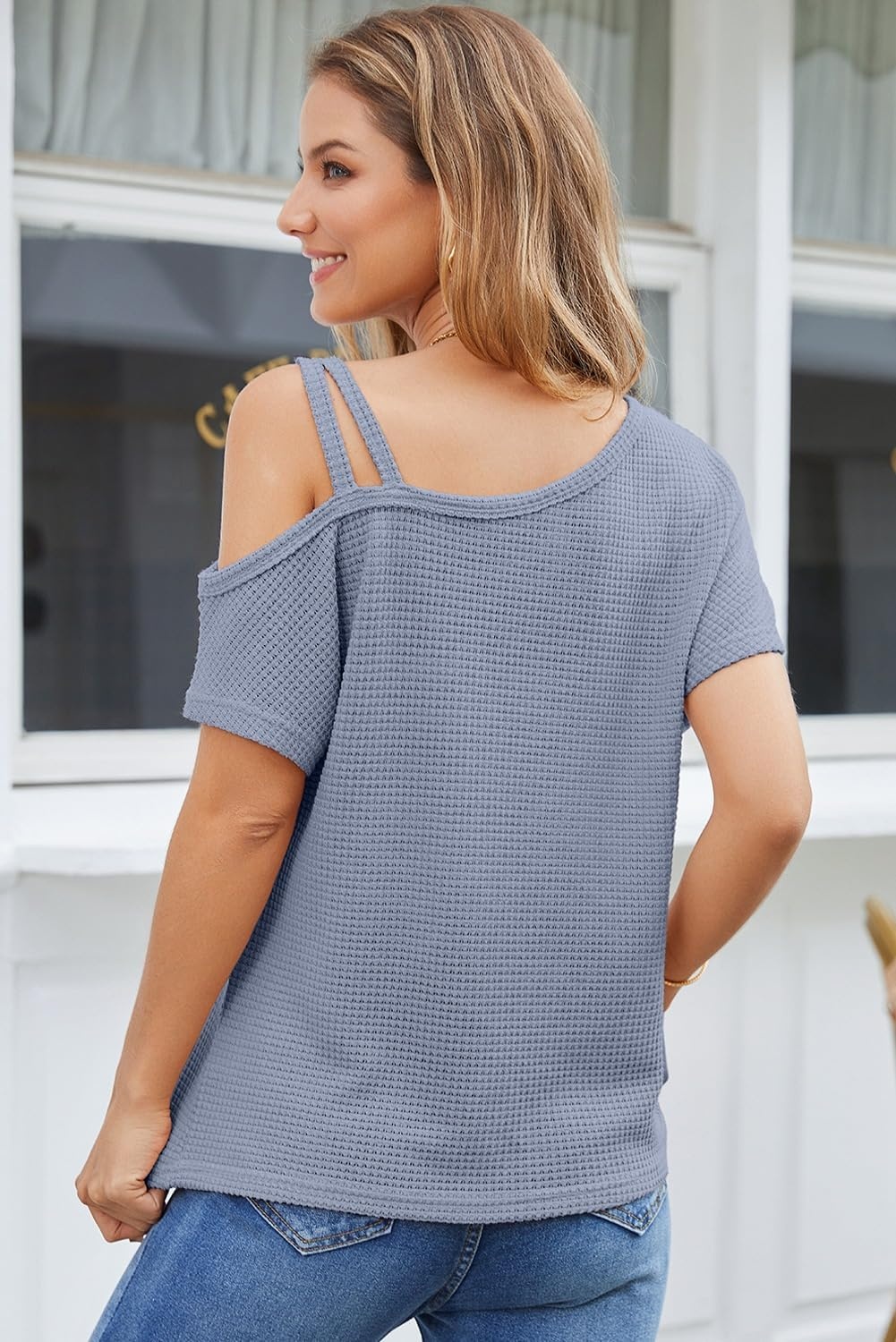image:imageDokotoo Womens Summer Tops Off One Shoulder Waffle Knit Short Sleeve TShirts Casual Lightweight Solid Color BlousesSky Blue