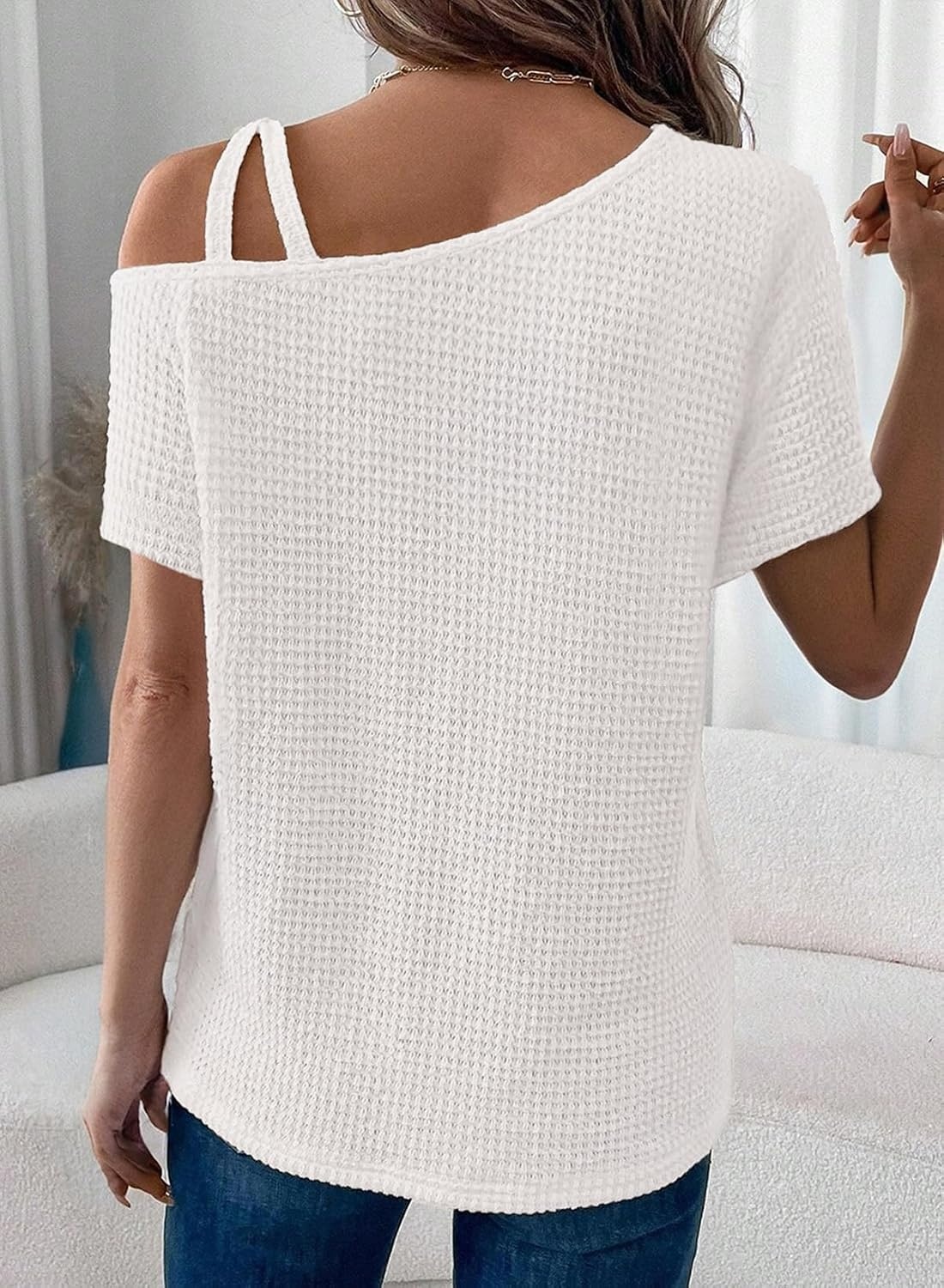 image:imageDokotoo Womens Summer Tops Off One Shoulder Waffle Knit Short Sleeve TShirts Casual Lightweight Solid Color BlousesWhite