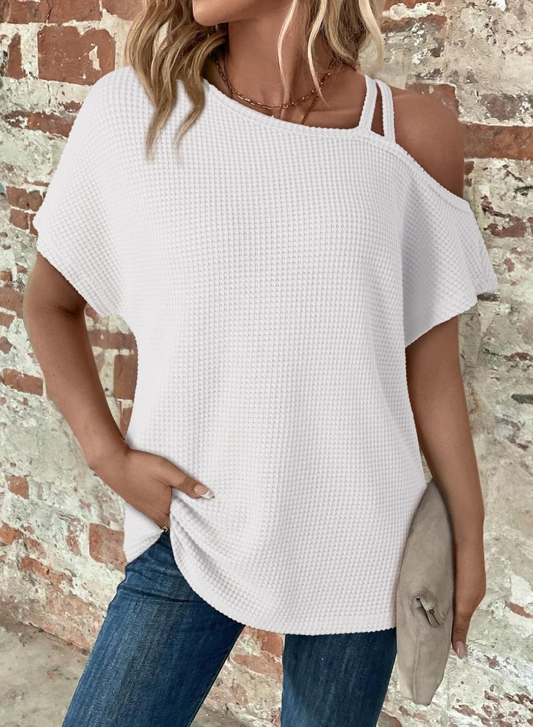 image:imageDokotoo Womens Summer Tops Off One Shoulder Waffle Knit Short Sleeve TShirts Casual Lightweight Solid Color BlousesWhite