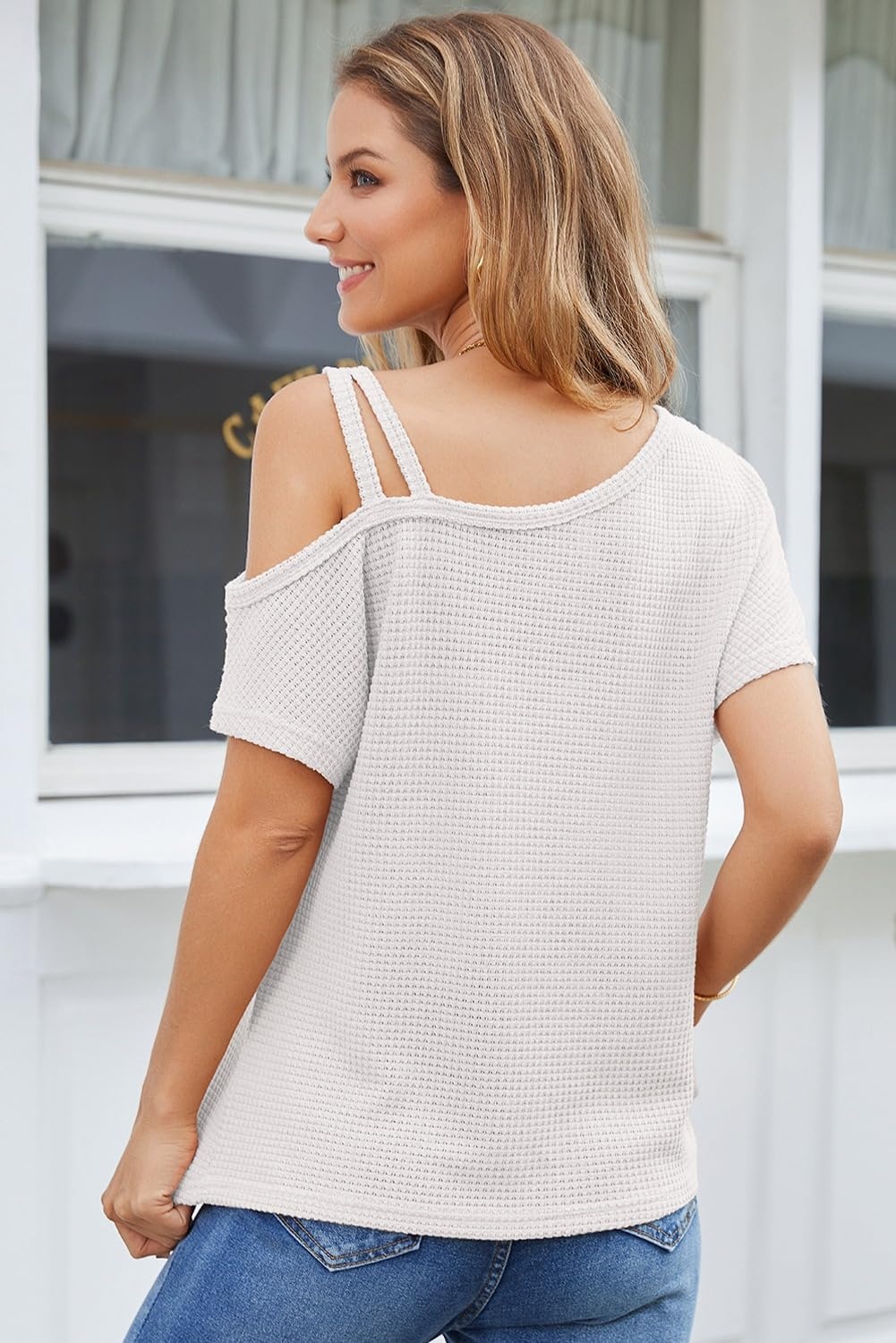 image:imageDokotoo Womens Summer Tops Off One Shoulder Waffle Knit Short Sleeve TShirts Casual Lightweight Solid Color BlousesWhite
