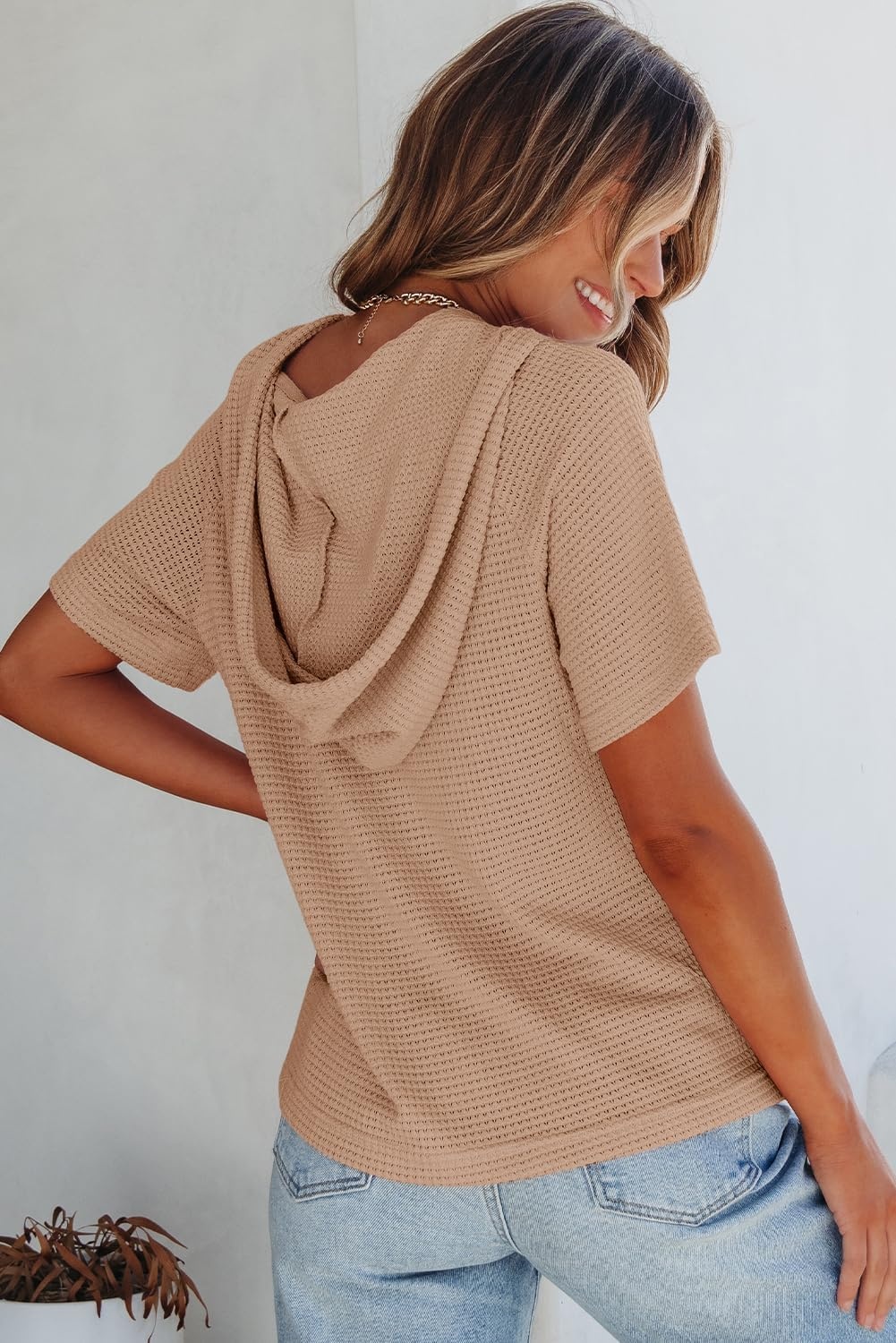 image:imageDokotoo Womens Summer Tops Waffle Knit Short Sleeve Lightweight Drawstring Hoodies Button V Neck Casual Blouses ShirtsApricot