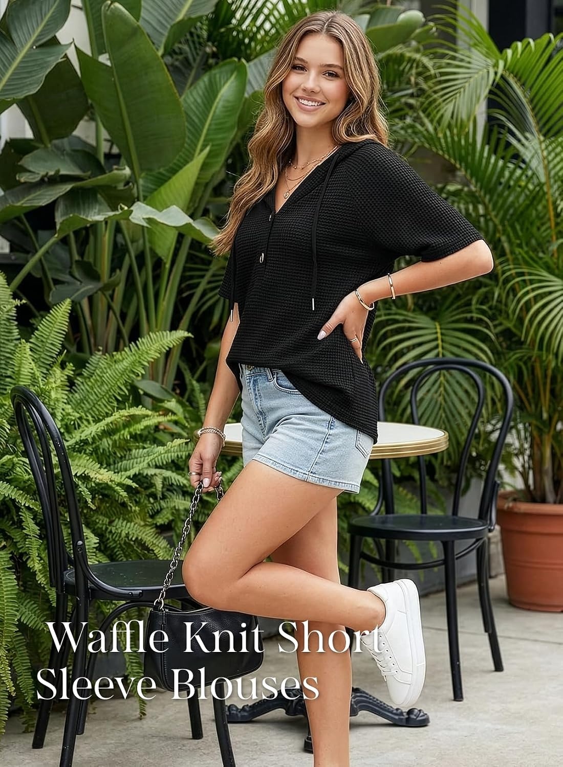 image:imageDokotoo Womens Summer Tops Waffle Knit Short Sleeve Lightweight Drawstring Hoodies Button V Neck Casual Blouses ShirtsBlack