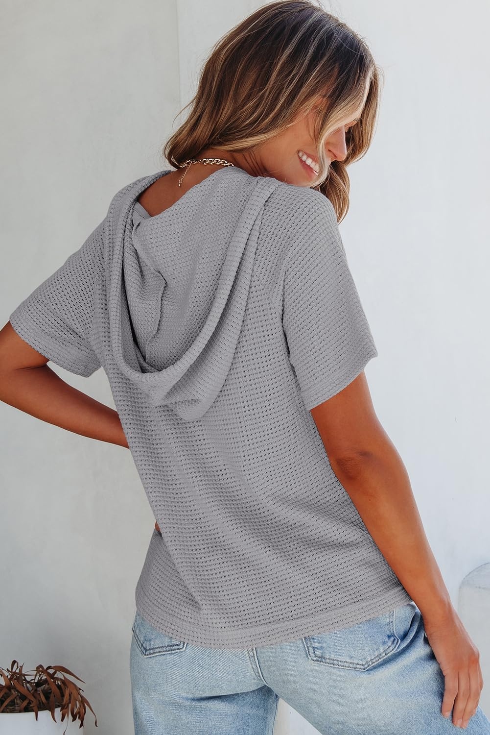 image:imageDokotoo Womens Summer Tops Waffle Knit Short Sleeve Lightweight Drawstring Hoodies Button V Neck Casual Blouses ShirtsGrey