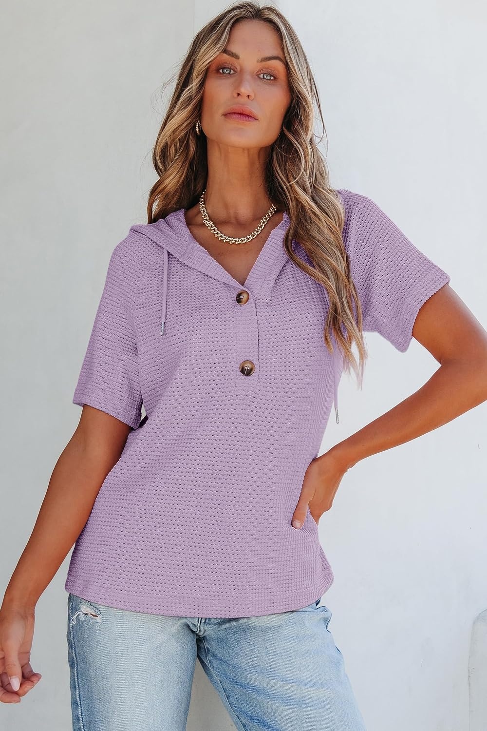 image:imageDokotoo Womens Summer Tops Waffle Knit Short Sleeve Lightweight Drawstring Hoodies Button V Neck Casual Blouses ShirtsLight Purple