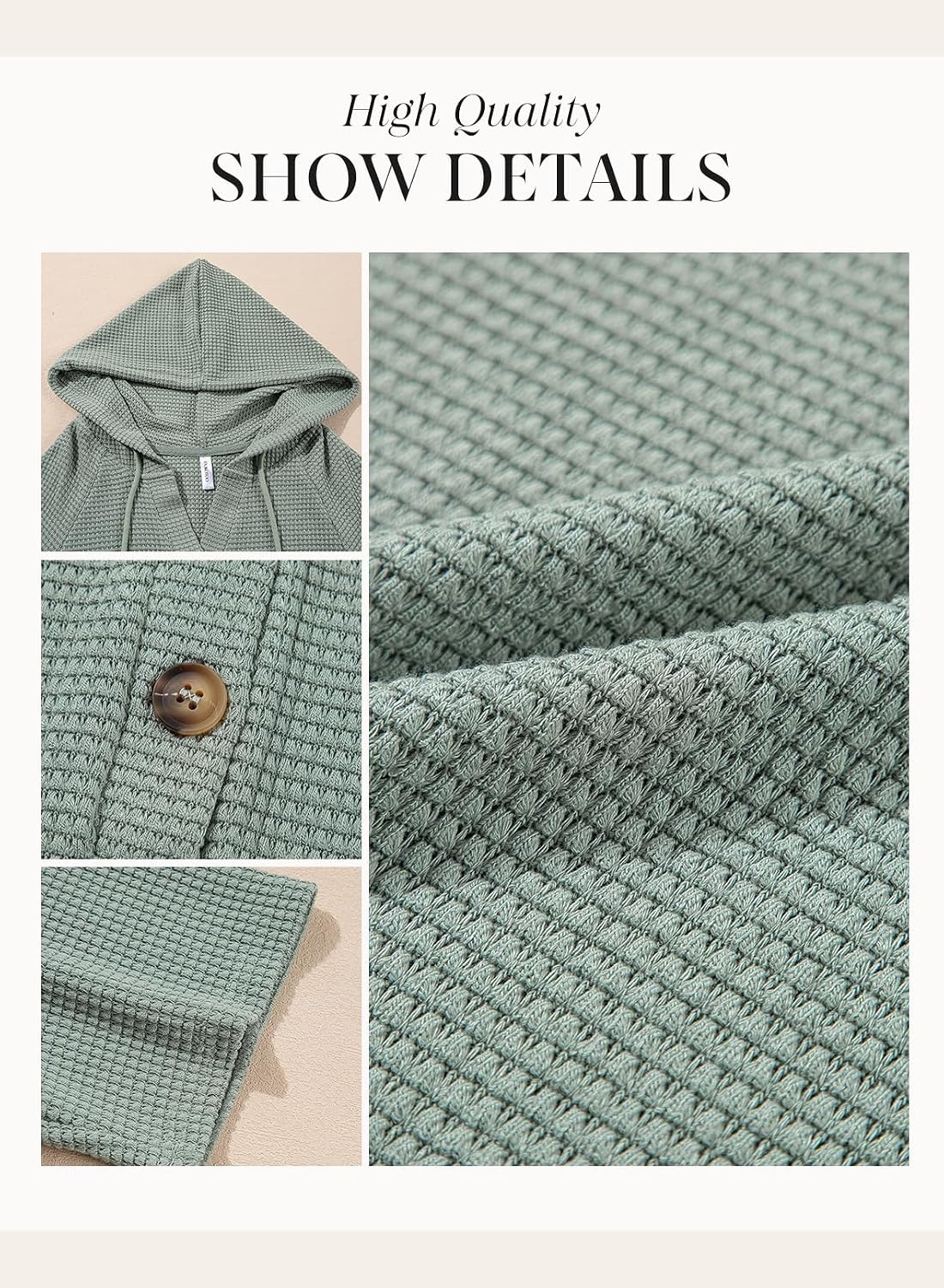 image:imageDokotoo Womens Summer Tops Waffle Knit Short Sleeve Lightweight Drawstring Hoodies Button V Neck Casual Blouses ShirtsMist Green