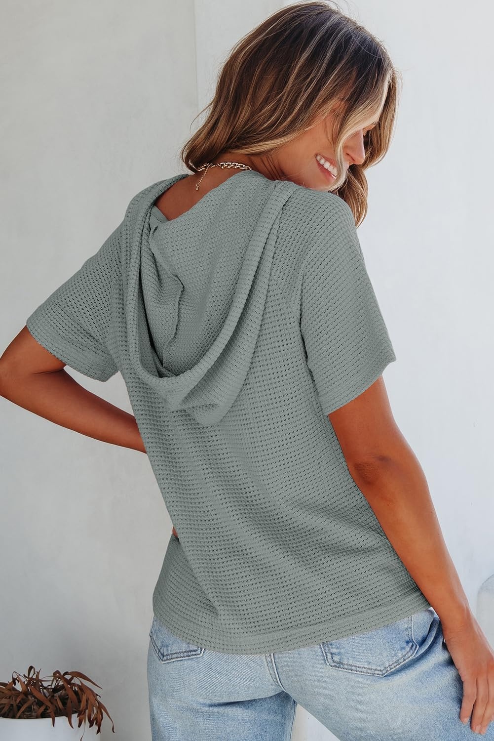 image:imageDokotoo Womens Summer Tops Waffle Knit Short Sleeve Lightweight Drawstring Hoodies Button V Neck Casual Blouses ShirtsMist Green