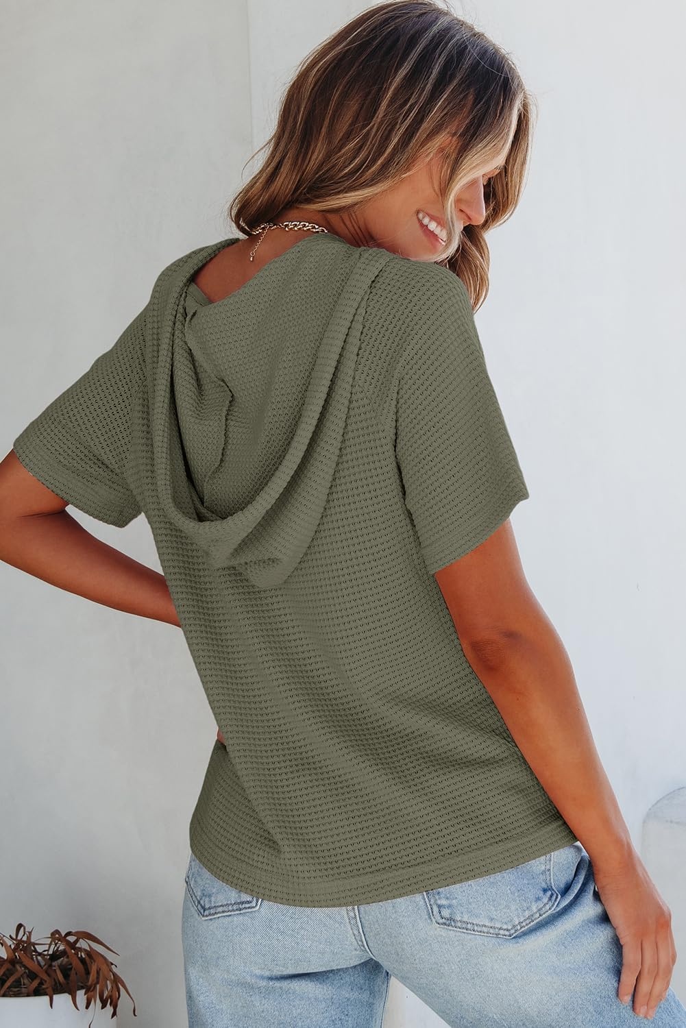 image:imageDokotoo Womens Summer Tops Waffle Knit Short Sleeve Lightweight Drawstring Hoodies Button V Neck Casual Blouses ShirtsMoss Green