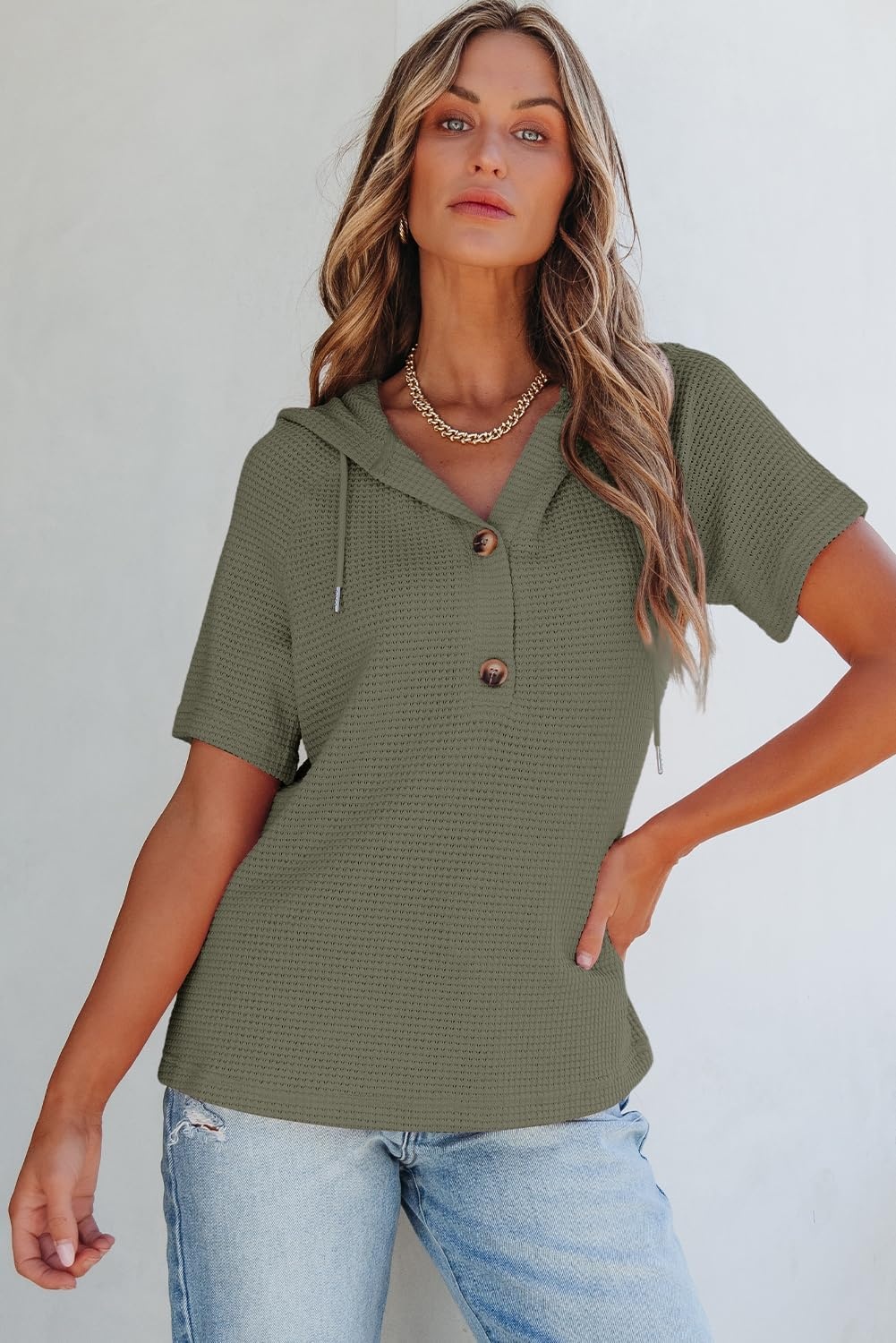 image:imageDokotoo Womens Summer Tops Waffle Knit Short Sleeve Lightweight Drawstring Hoodies Button V Neck Casual Blouses ShirtsMoss Green