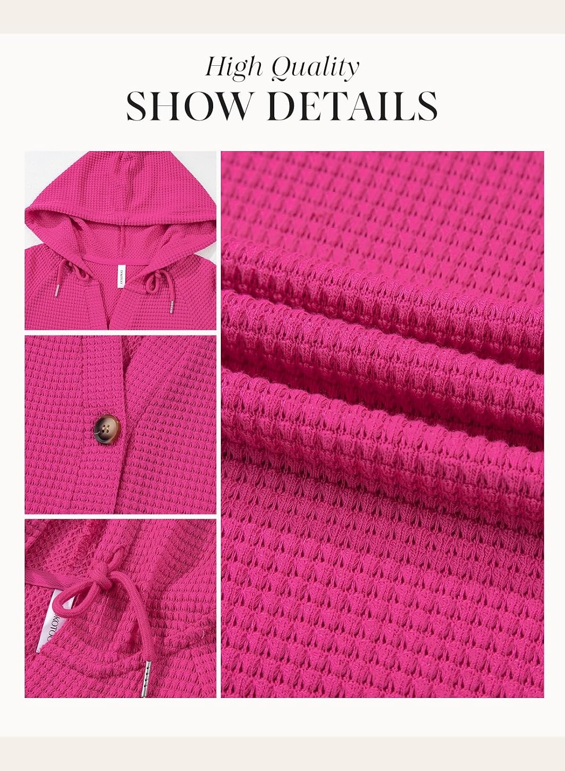 image:imageDokotoo Womens Summer Tops Waffle Knit Short Sleeve Lightweight Drawstring Hoodies Button V Neck Casual Blouses ShirtsRosy