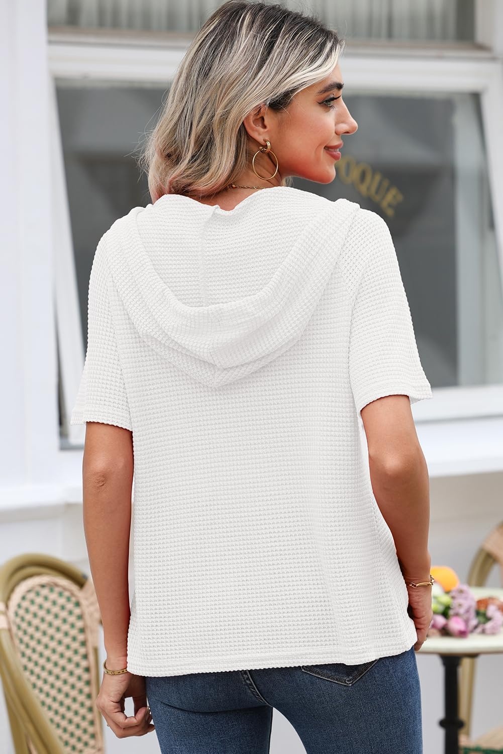 image:imageDokotoo Womens Summer Tops Waffle Knit Short Sleeve Lightweight Drawstring Hoodies Button V Neck Casual Blouses ShirtsWhite