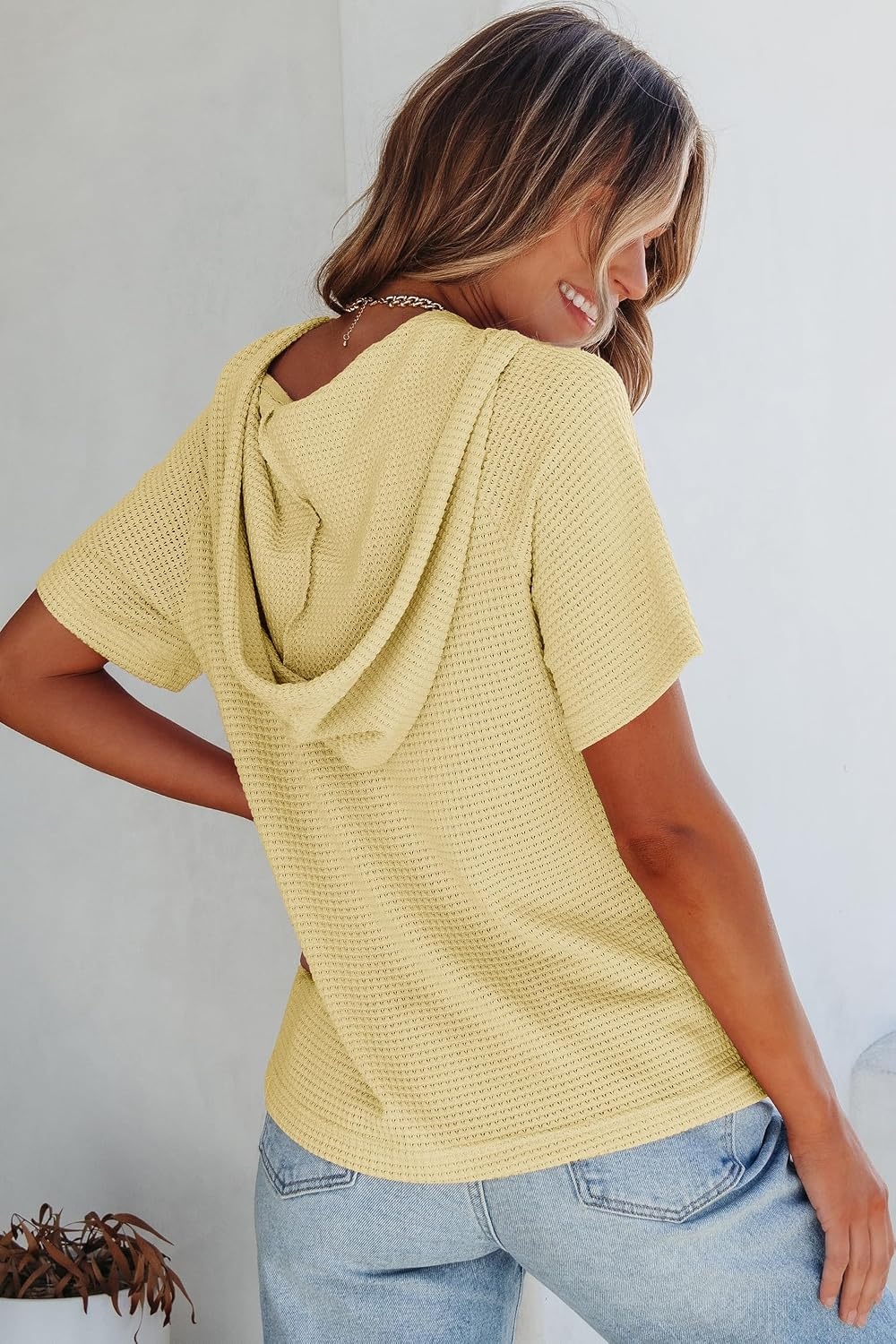 image:imageDokotoo Womens Summer Tops Waffle Knit Short Sleeve Lightweight Drawstring Hoodies Button V Neck Casual Blouses ShirtsYellow