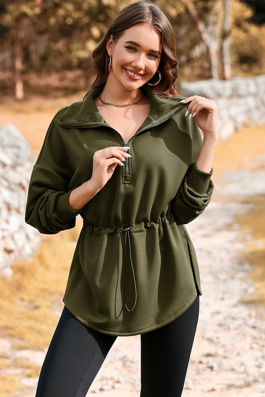 image:imageDokotoo Womens Sweatshirt Oversized Half Zip Up Drawstring Waist Long Sleeve Side Slits Soft Casual Pullover Sweatshirts TopsGreen