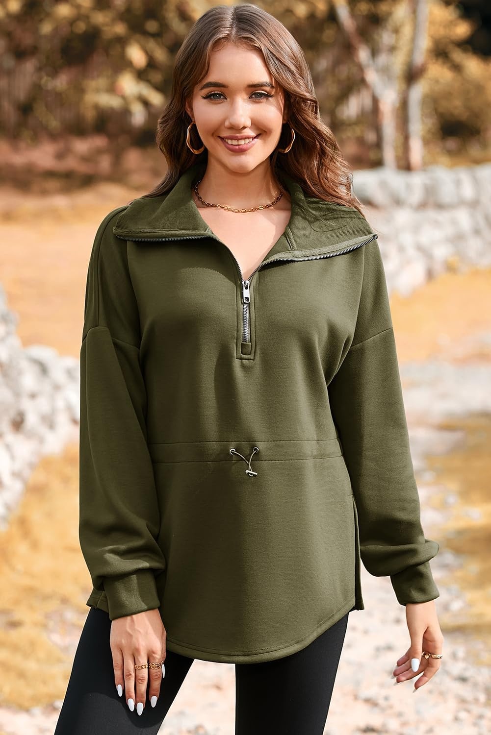 image:imageDokotoo Womens Sweatshirt Oversized Half Zip Up Drawstring Waist Long Sleeve Side Slits Soft Casual Pullover Sweatshirts TopsGreen
