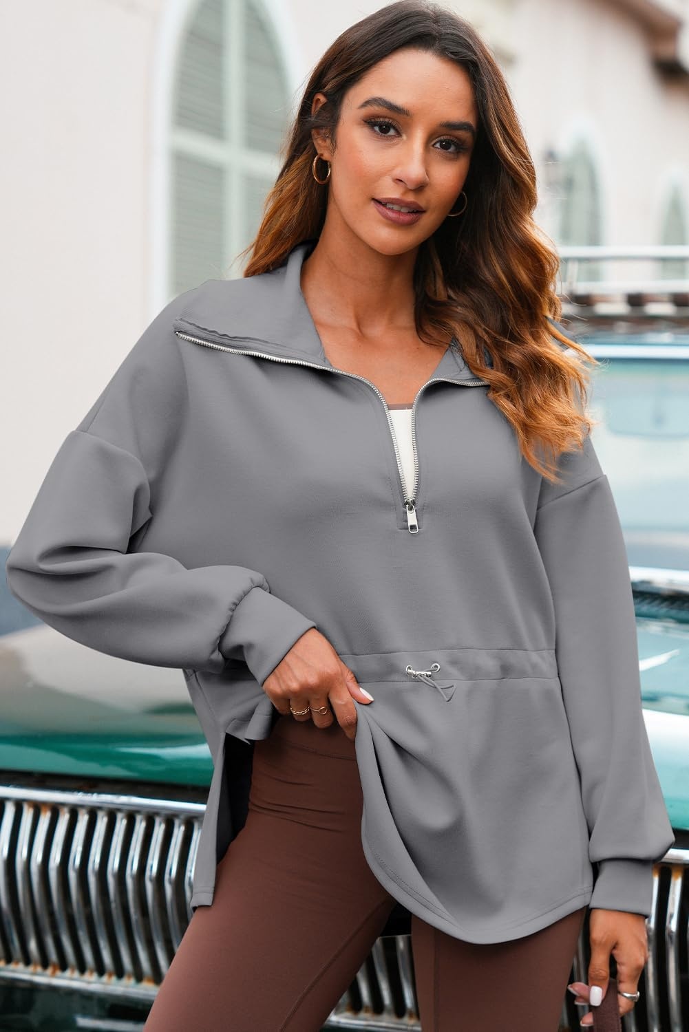 image:imageDokotoo Womens Sweatshirt Oversized Half Zip Up Drawstring Waist Long Sleeve Side Slits Soft Casual Pullover Sweatshirts TopsGrey