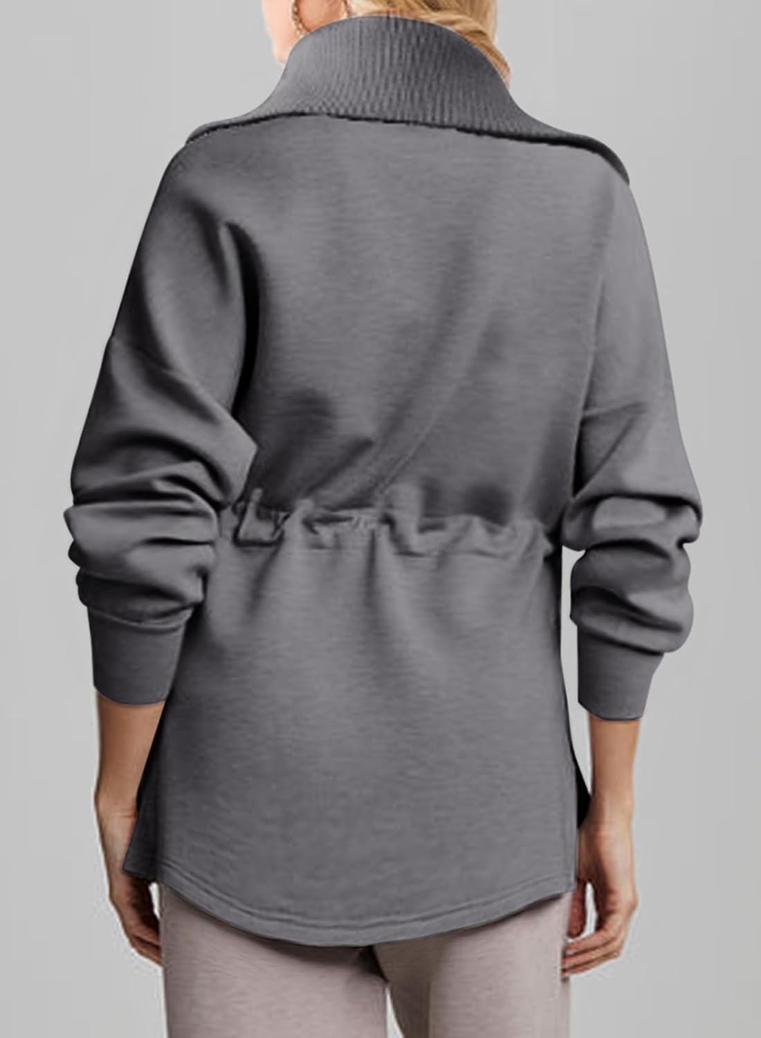 image:imageDokotoo Womens Sweatshirt Oversized Half Zip Up Drawstring Waist Long Sleeve Side Slits Soft Casual Pullover Sweatshirts TopsGrey