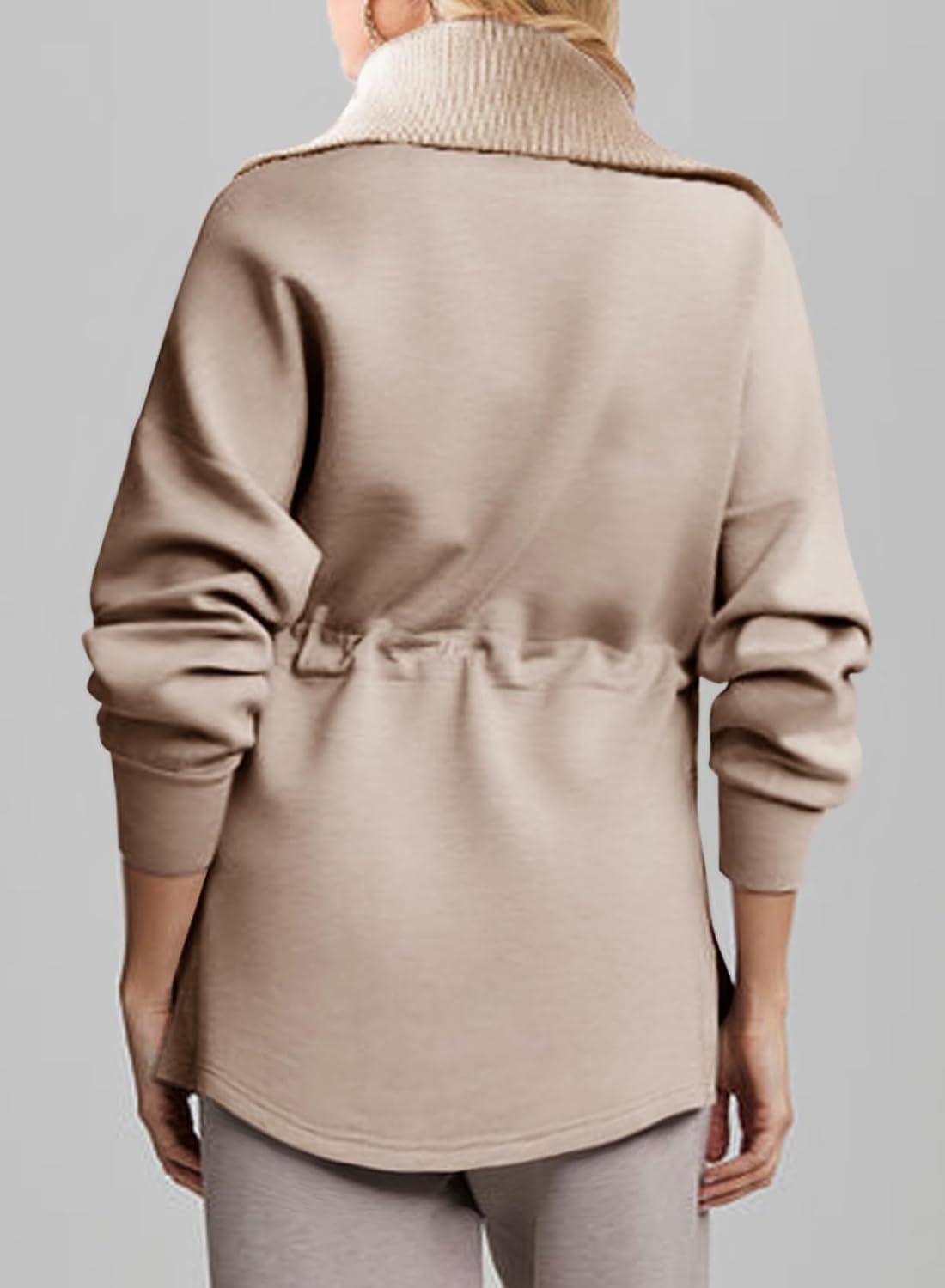 image:imageDokotoo Womens Sweatshirt Oversized Half Zip Up Drawstring Waist Long Sleeve Side Slits Soft Casual Pullover Sweatshirts TopsKhaki