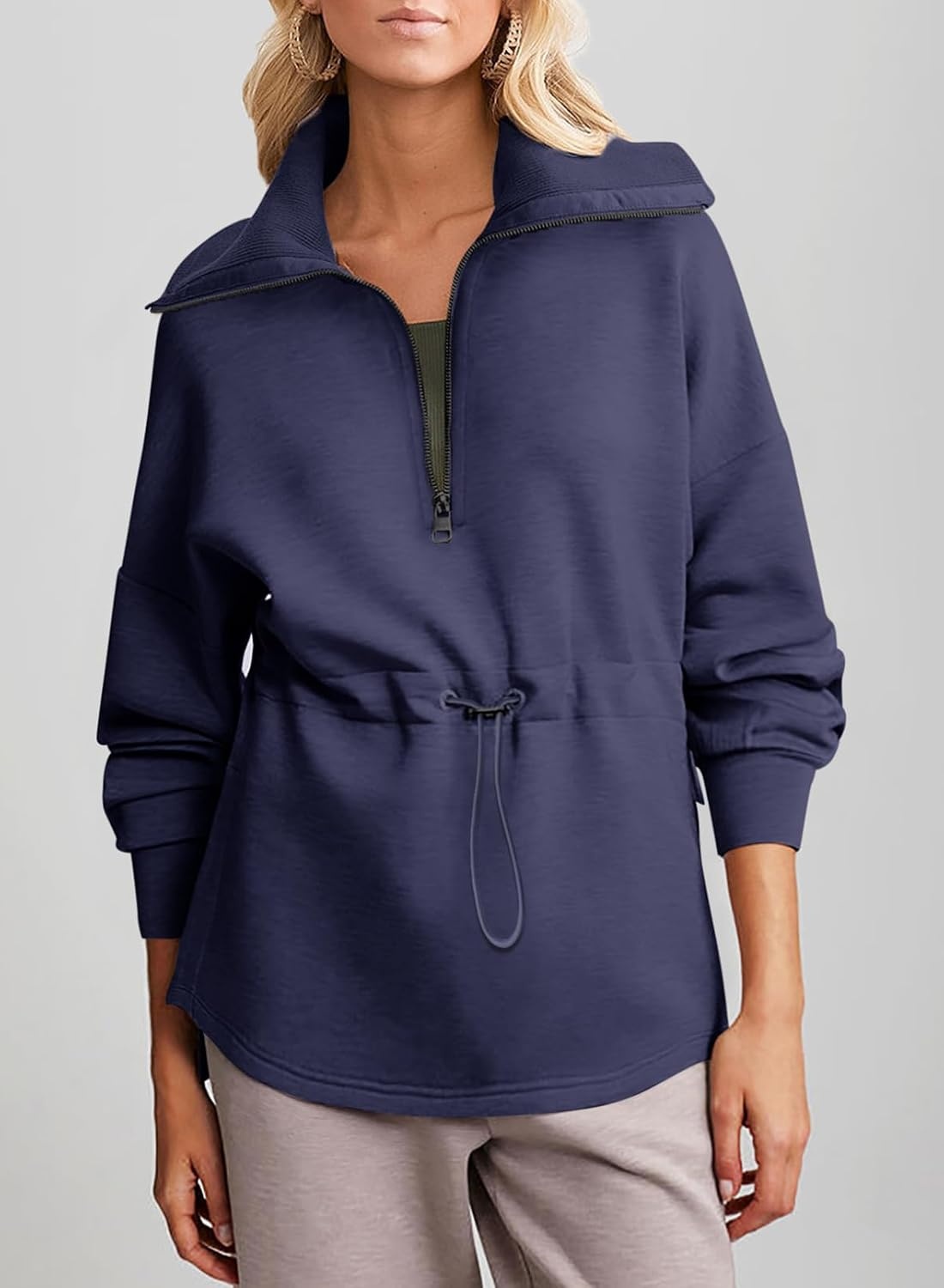 image:imageDokotoo Womens Sweatshirt Oversized Half Zip Up Drawstring Waist Long Sleeve Side Slits Soft Casual Pullover Sweatshirts TopsNavy Blue
