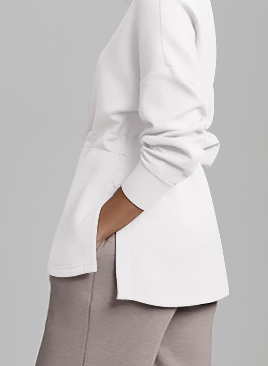 image:imageDokotoo Womens Sweatshirt Oversized Half Zip Up Drawstring Waist Long Sleeve Side Slits Soft Casual Pullover Sweatshirts TopsWhite
