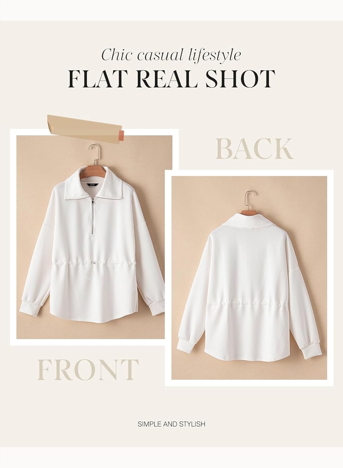 image:imageDokotoo Womens Sweatshirt Oversized Half Zip Up Drawstring Waist Long Sleeve Side Slits Soft Casual Pullover Sweatshirts TopsWhite