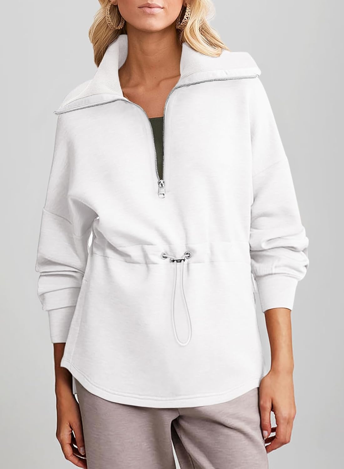 image:imageDokotoo Womens Sweatshirt Oversized Half Zip Up Drawstring Waist Long Sleeve Side Slits Soft Casual Pullover Sweatshirts TopsWhite