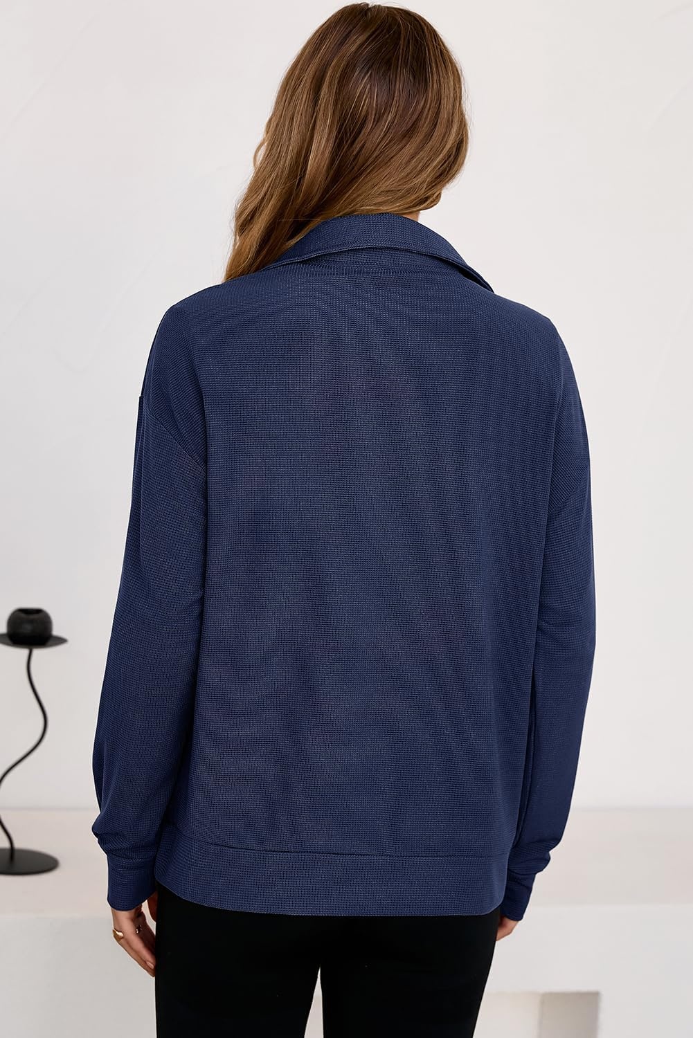 image:imageDokotoo Womens Sweatshirt Waffle Knit Long Sleeve Lapel Half Zip Up Casual Lightweight Soft Sweatshirts Loose Pullover TopsBlue