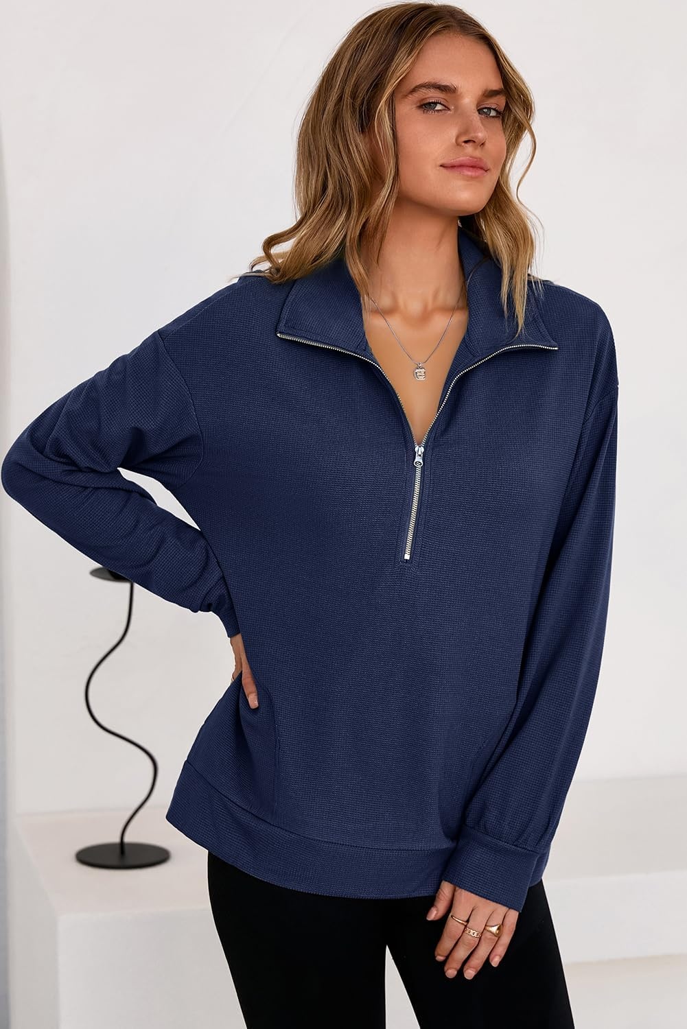 image:imageDokotoo Womens Sweatshirt Waffle Knit Long Sleeve Lapel Half Zip Up Casual Lightweight Soft Sweatshirts Loose Pullover TopsBlue
