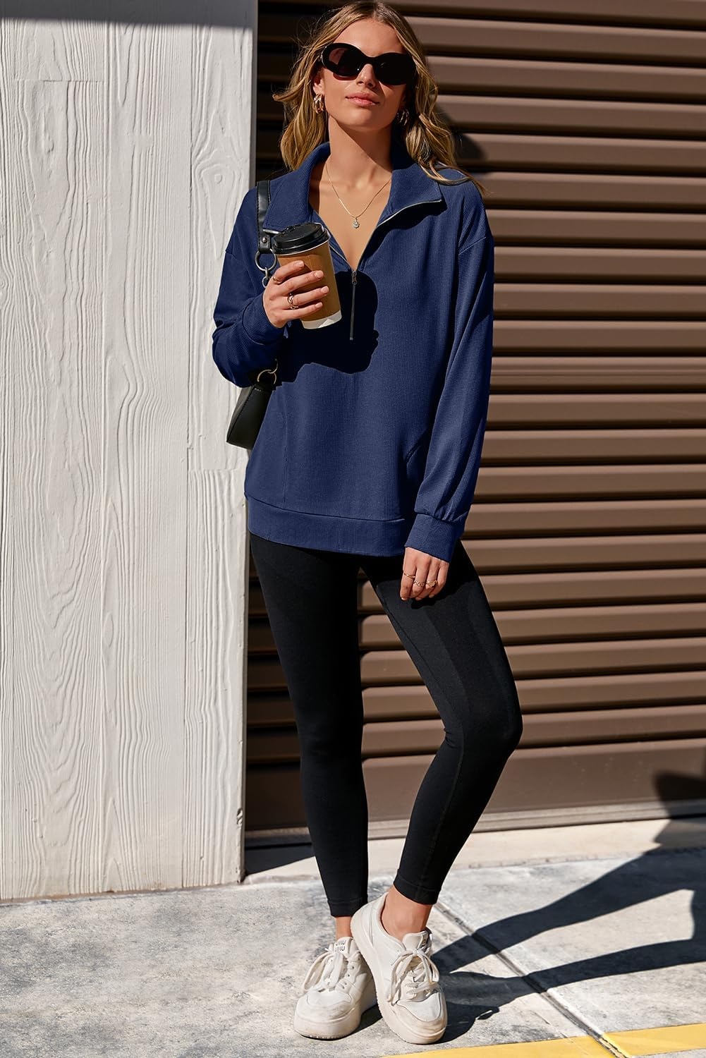 image:imageDokotoo Womens Sweatshirt Waffle Knit Long Sleeve Lapel Half Zip Up Casual Lightweight Soft Sweatshirts Loose Pullover TopsBlue