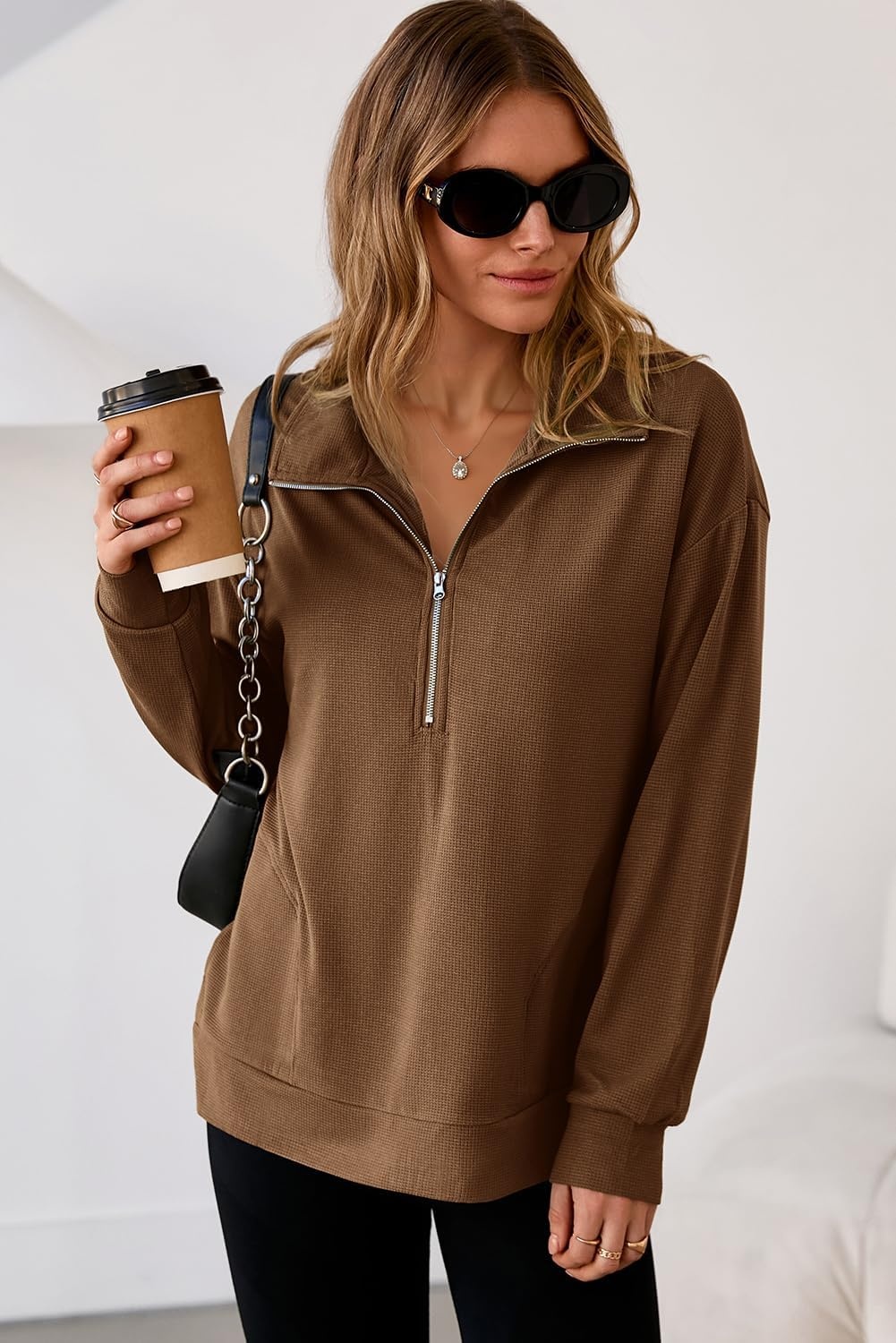 image:imageDokotoo Womens Sweatshirt Waffle Knit Long Sleeve Lapel Half Zip Up Casual Lightweight Soft Sweatshirts Loose Pullover TopsBrown