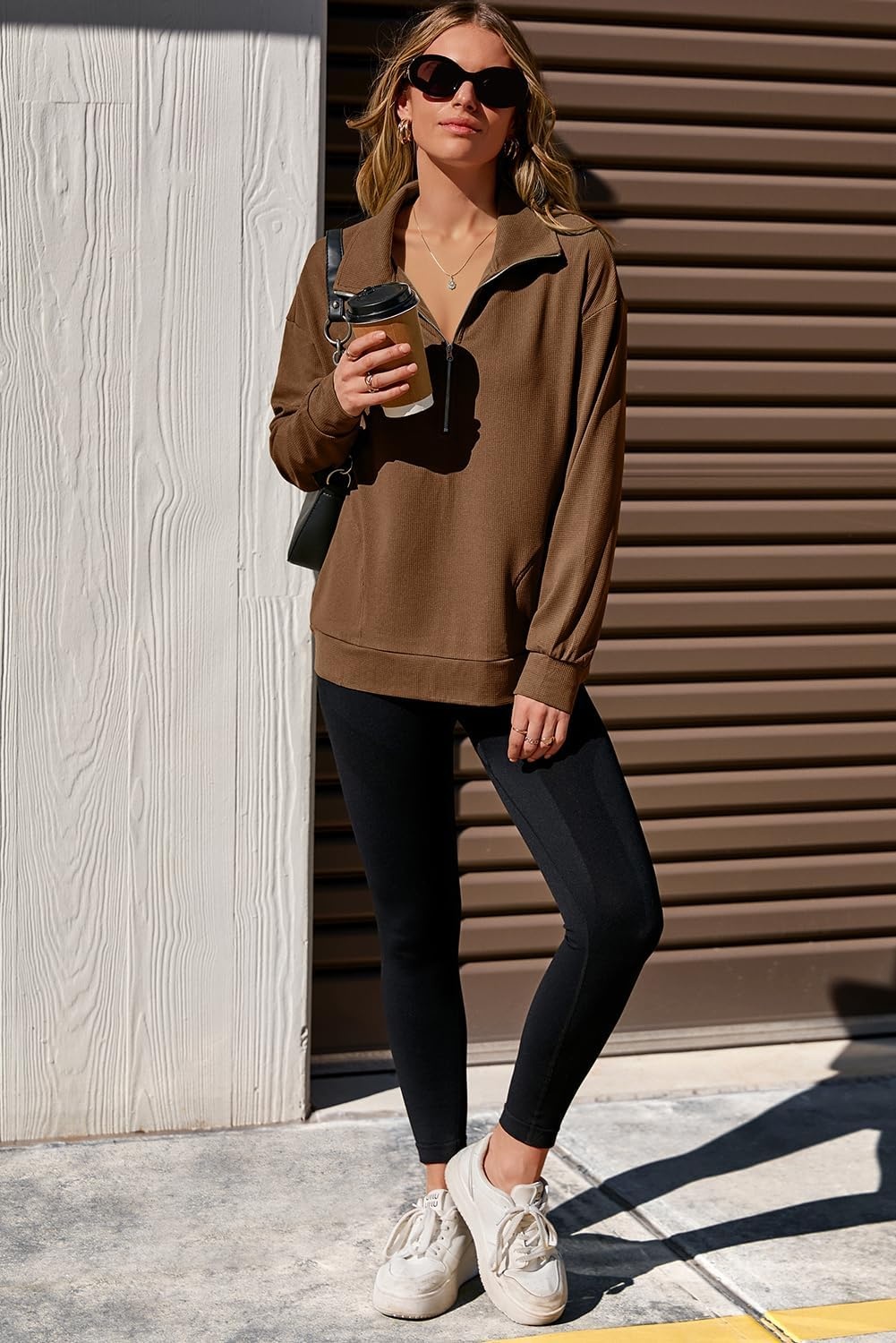 image:imageDokotoo Womens Sweatshirt Waffle Knit Long Sleeve Lapel Half Zip Up Casual Lightweight Soft Sweatshirts Loose Pullover TopsBrown