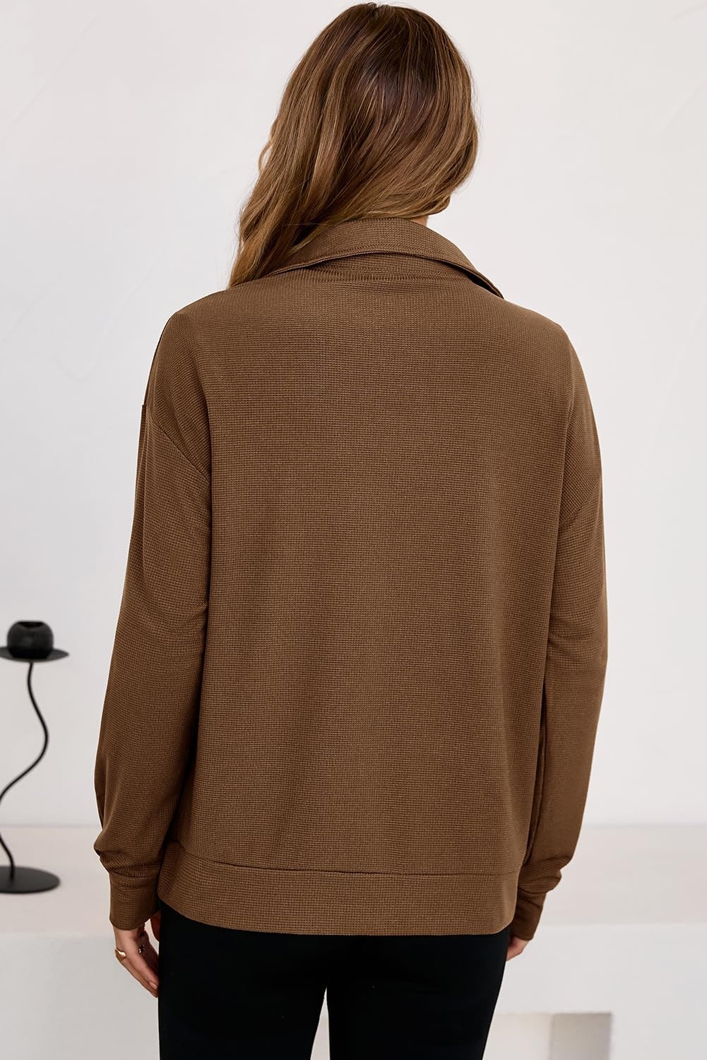 image:imageDokotoo Womens Sweatshirt Waffle Knit Long Sleeve Lapel Half Zip Up Casual Lightweight Soft Sweatshirts Loose Pullover TopsBrown
