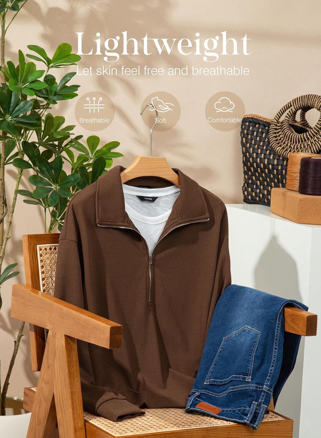 image:imageDokotoo Womens Sweatshirt Waffle Knit Long Sleeve Lapel Half Zip Up Casual Lightweight Soft Sweatshirts Loose Pullover TopsBrown