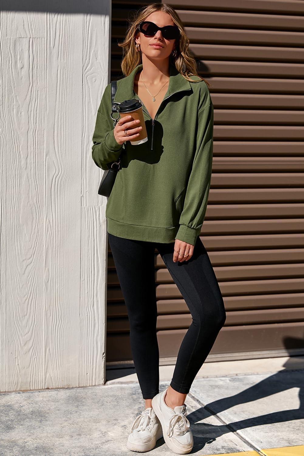 image:imageDokotoo Womens Sweatshirt Waffle Knit Long Sleeve Lapel Half Zip Up Casual Lightweight Soft Sweatshirts Loose Pullover TopsGreen