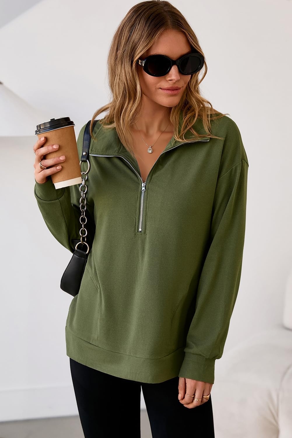 image:imageDokotoo Womens Sweatshirt Waffle Knit Long Sleeve Lapel Half Zip Up Casual Lightweight Soft Sweatshirts Loose Pullover TopsGreen