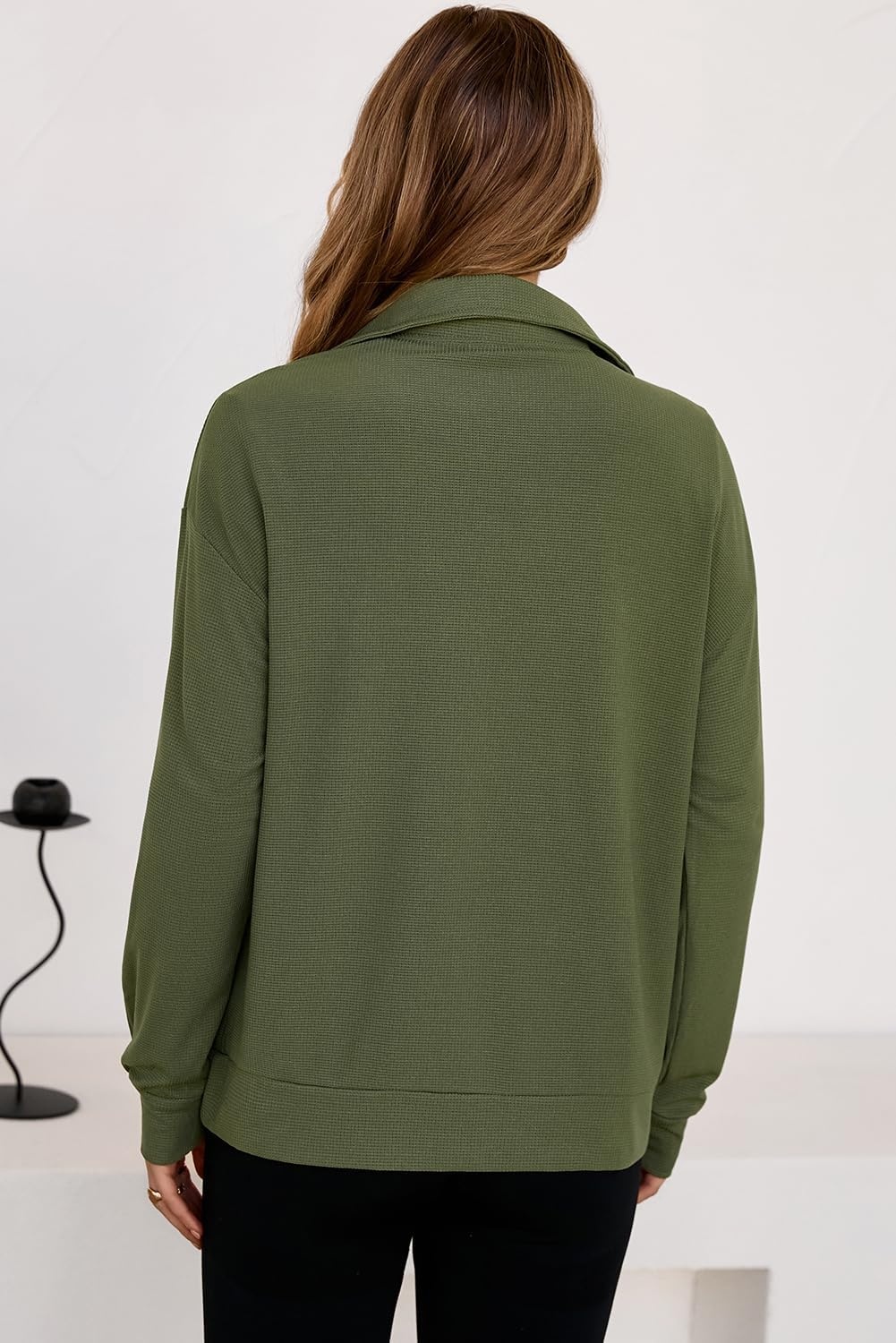 image:imageDokotoo Womens Sweatshirt Waffle Knit Long Sleeve Lapel Half Zip Up Casual Lightweight Soft Sweatshirts Loose Pullover TopsGreen