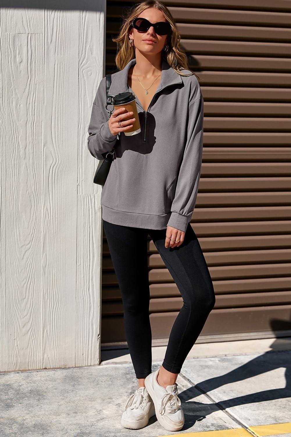 image:imageDokotoo Womens Sweatshirt Waffle Knit Long Sleeve Lapel Half Zip Up Casual Lightweight Soft Sweatshirts Loose Pullover TopsGrey