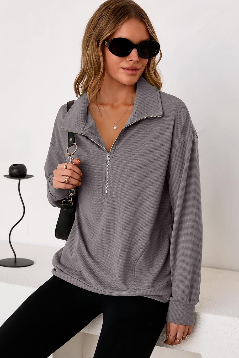 image:imageDokotoo Womens Sweatshirt Waffle Knit Long Sleeve Lapel Half Zip Up Casual Lightweight Soft Sweatshirts Loose Pullover TopsGrey