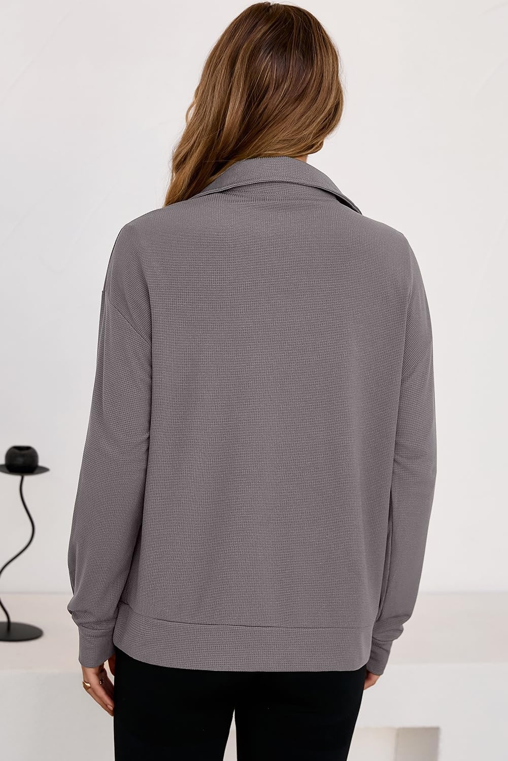image:imageDokotoo Womens Sweatshirt Waffle Knit Long Sleeve Lapel Half Zip Up Casual Lightweight Soft Sweatshirts Loose Pullover TopsGrey