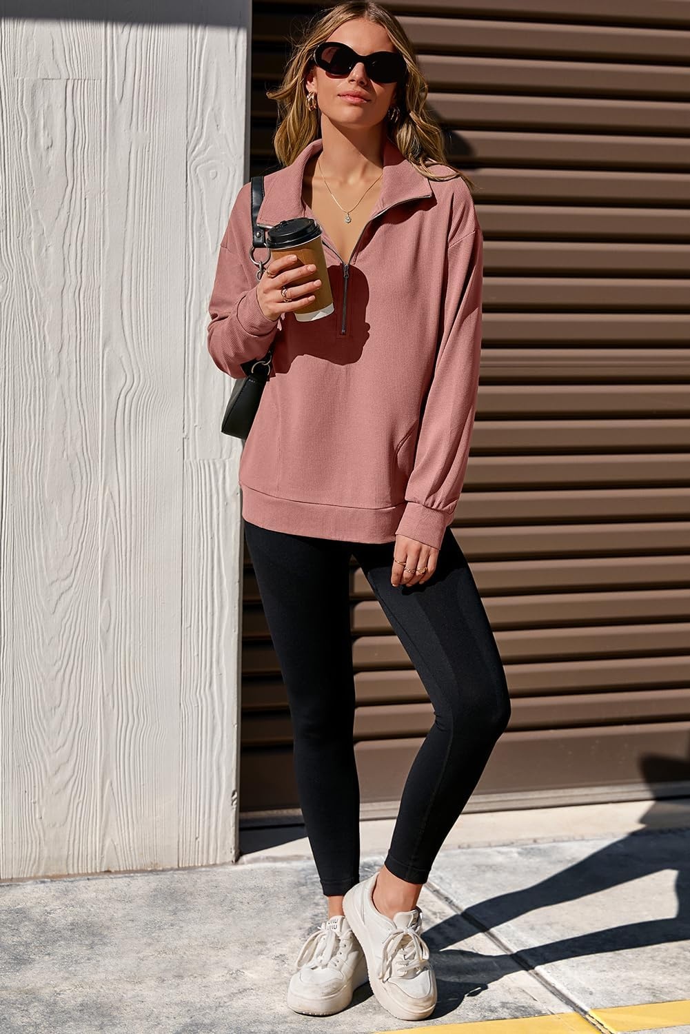 image:imageDokotoo Womens Sweatshirt Waffle Knit Long Sleeve Lapel Half Zip Up Casual Lightweight Soft Sweatshirts Loose Pullover TopsPink