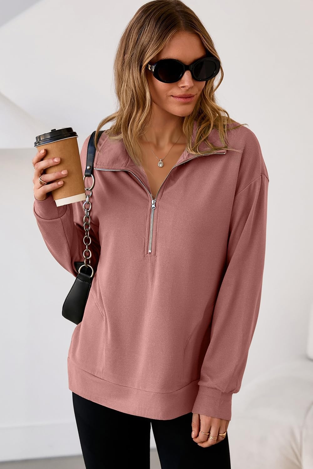 image:imageDokotoo Womens Sweatshirt Waffle Knit Long Sleeve Lapel Half Zip Up Casual Lightweight Soft Sweatshirts Loose Pullover TopsPink