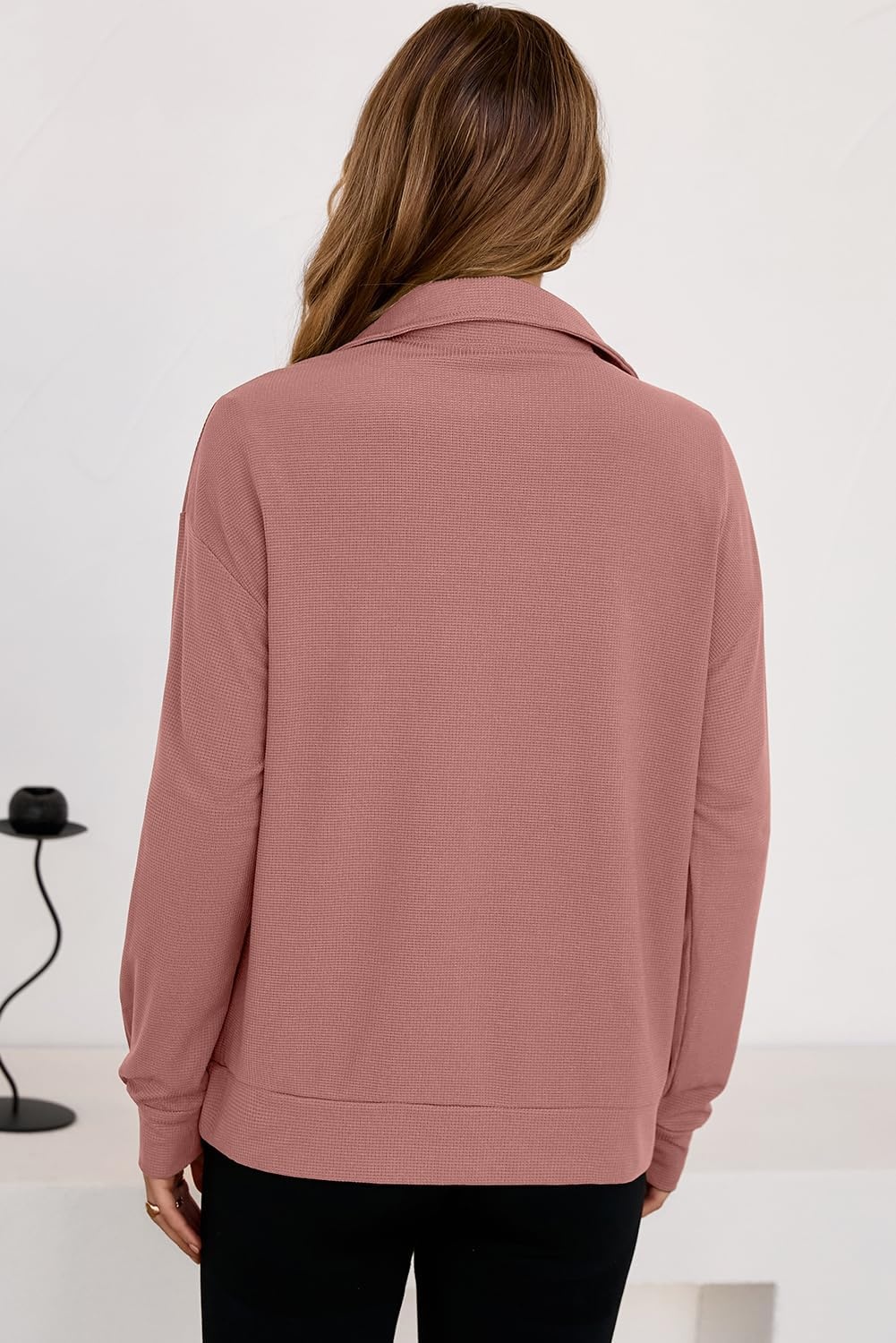 image:imageDokotoo Womens Sweatshirt Waffle Knit Long Sleeve Lapel Half Zip Up Casual Lightweight Soft Sweatshirts Loose Pullover TopsPink