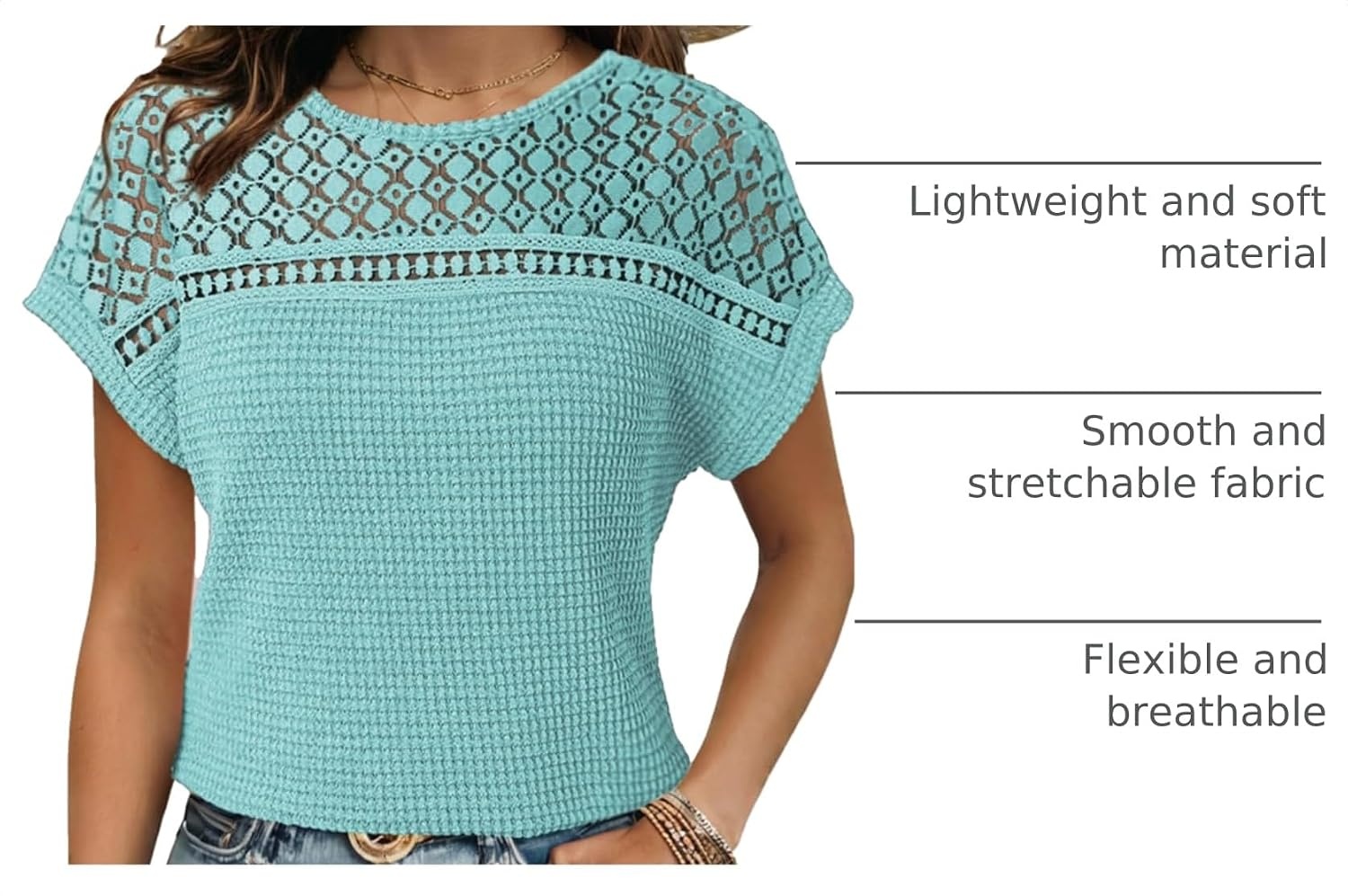 image:imageDokotoo Womens Tops Casual Scoop Neck Short Sleeve Waffle Knit Hollow Out Shirts Loose Tunic Tops BlousesAruba Blue