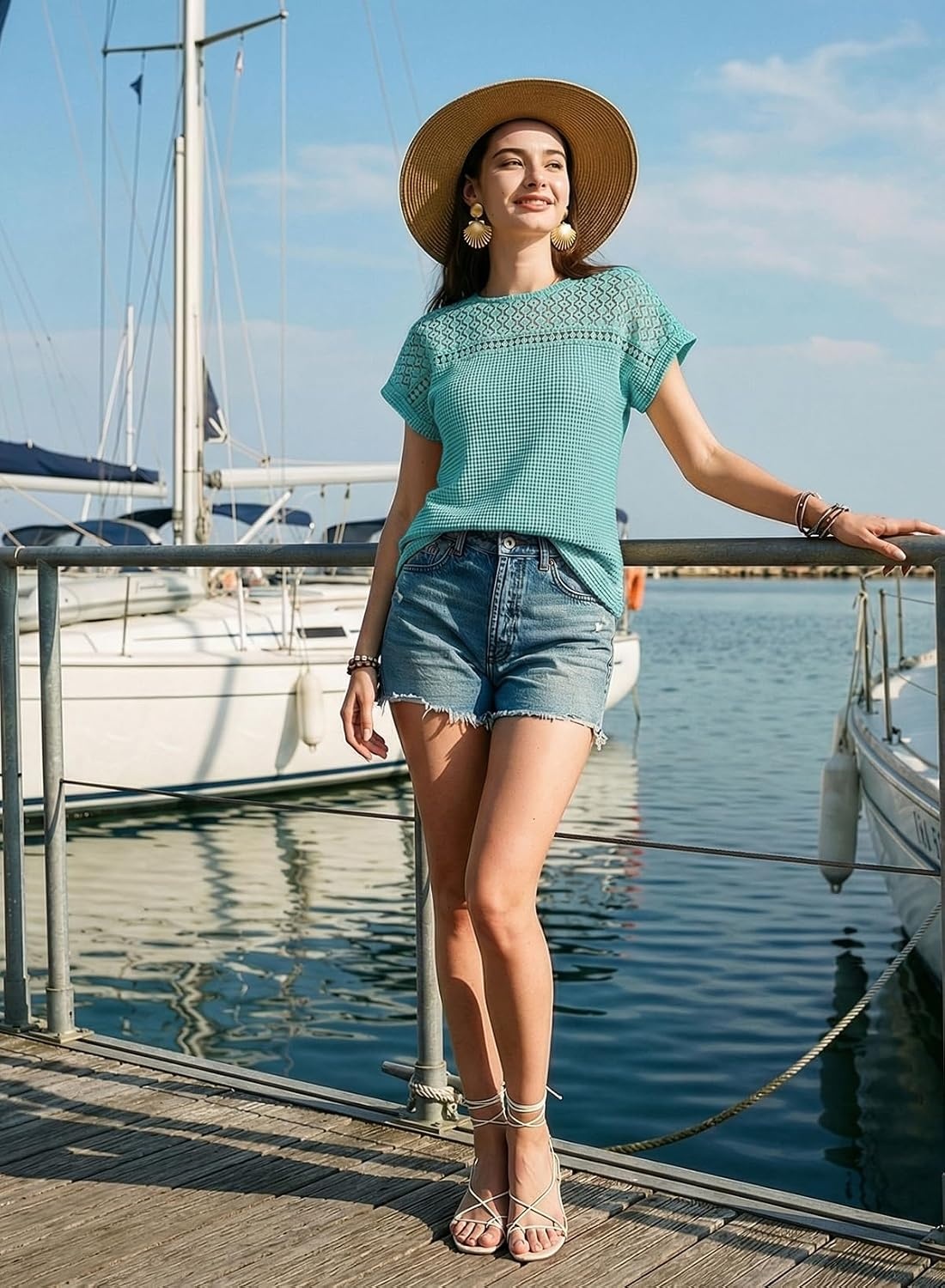 image:imageDokotoo Womens Tops Casual Scoop Neck Short Sleeve Waffle Knit Hollow Out Shirts Loose Tunic Tops BlousesAruba Blue