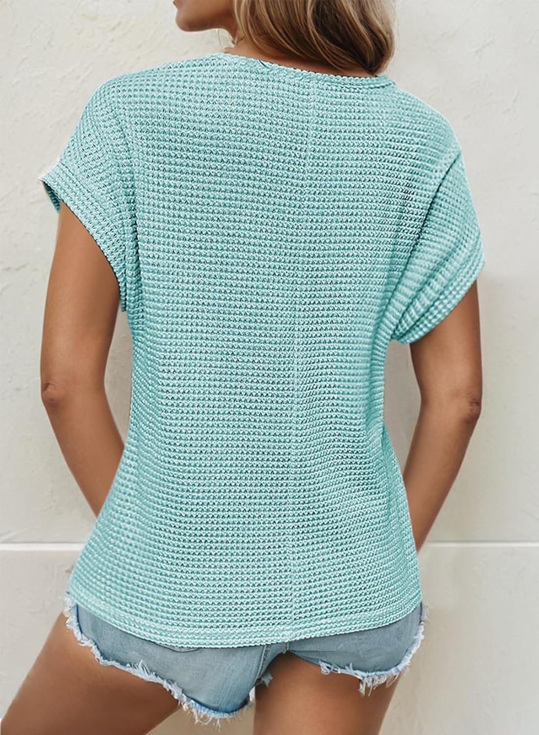 image:imageDokotoo Womens Tops Casual Scoop Neck Short Sleeve Waffle Knit Hollow Out Shirts Loose Tunic Tops BlousesAruba Blue