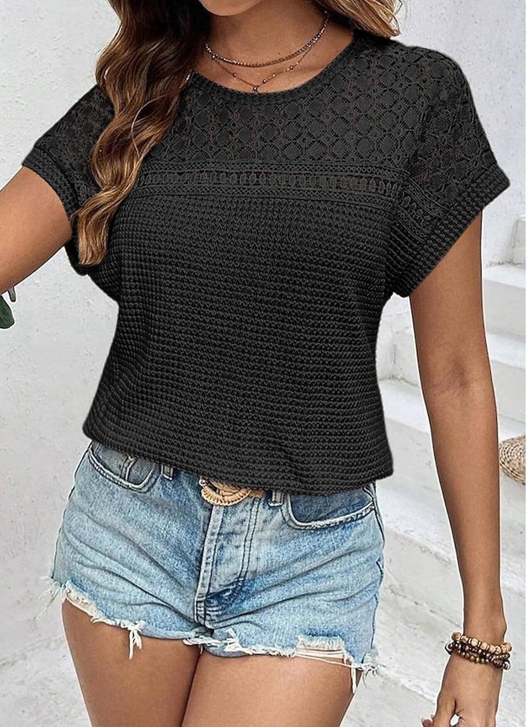 image:imageDokotoo Womens Tops Casual Scoop Neck Short Sleeve Waffle Knit Hollow Out Shirts Loose Tunic Tops BlousesBlack